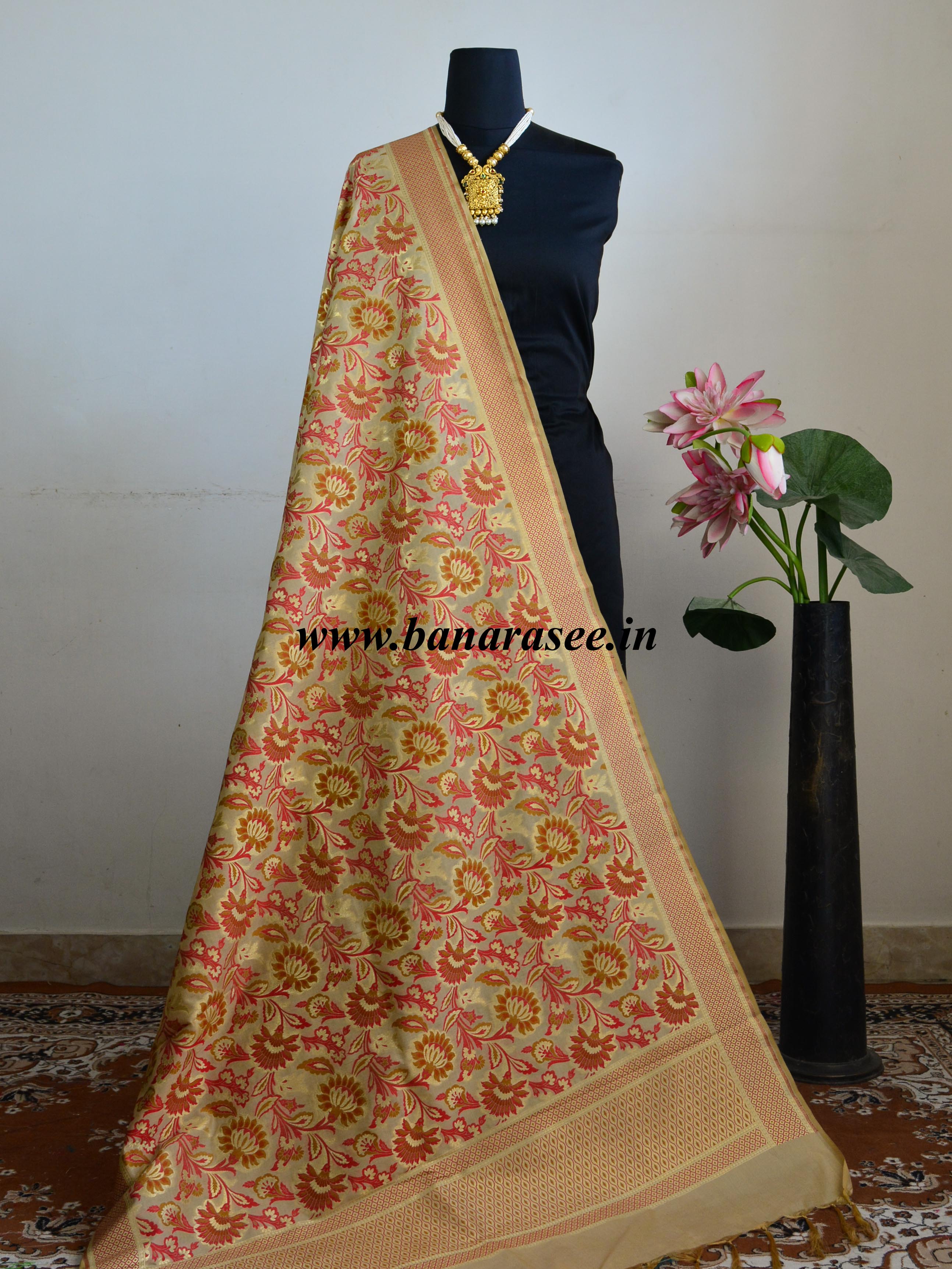 Banarasee Pure Kimkhwab Semi Katan Dupatta Floral Jaal Design-Off White