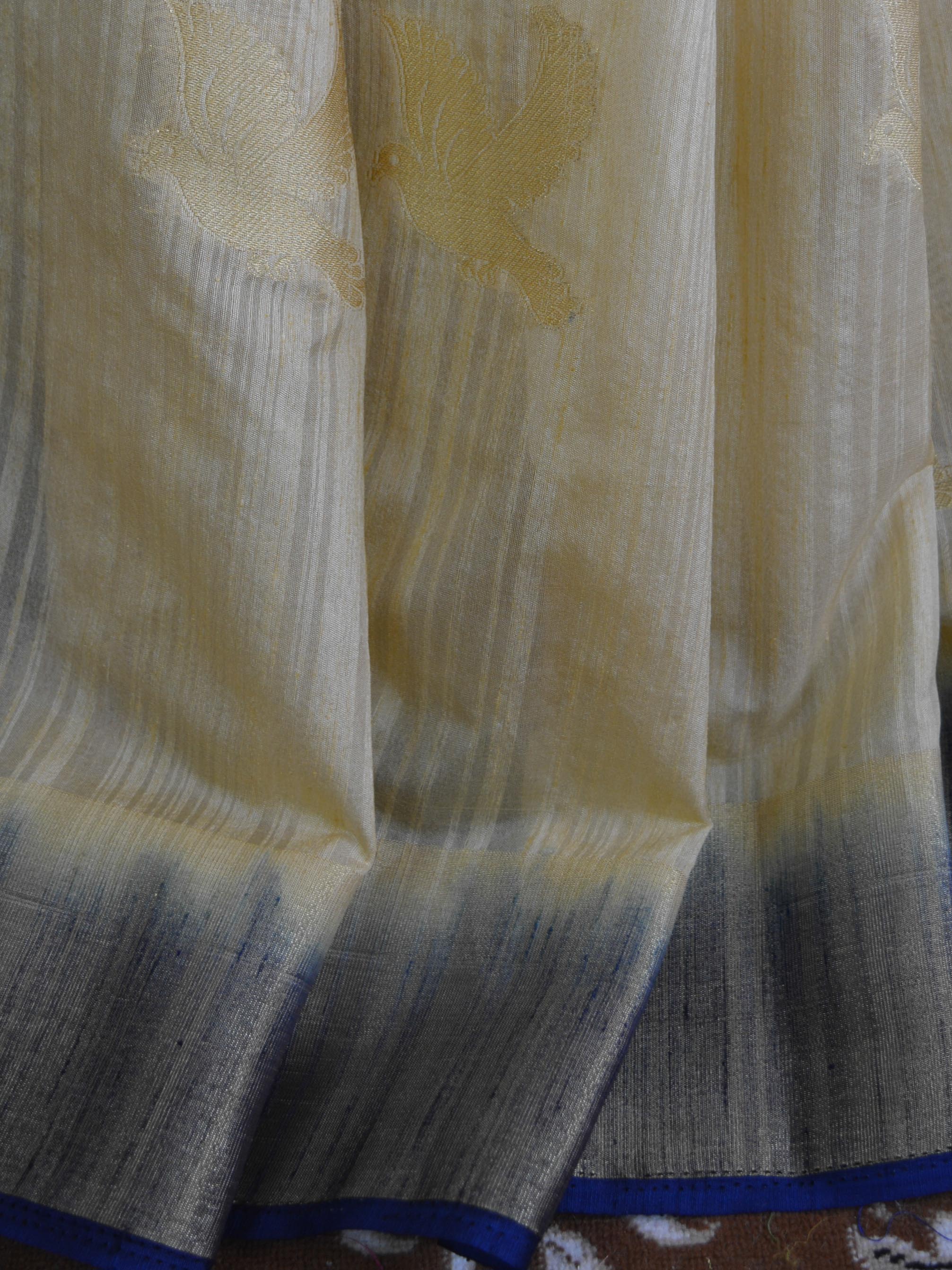 Banarasee Semi Silk Saree With Bird Motif Design-Beige With Deep Blue