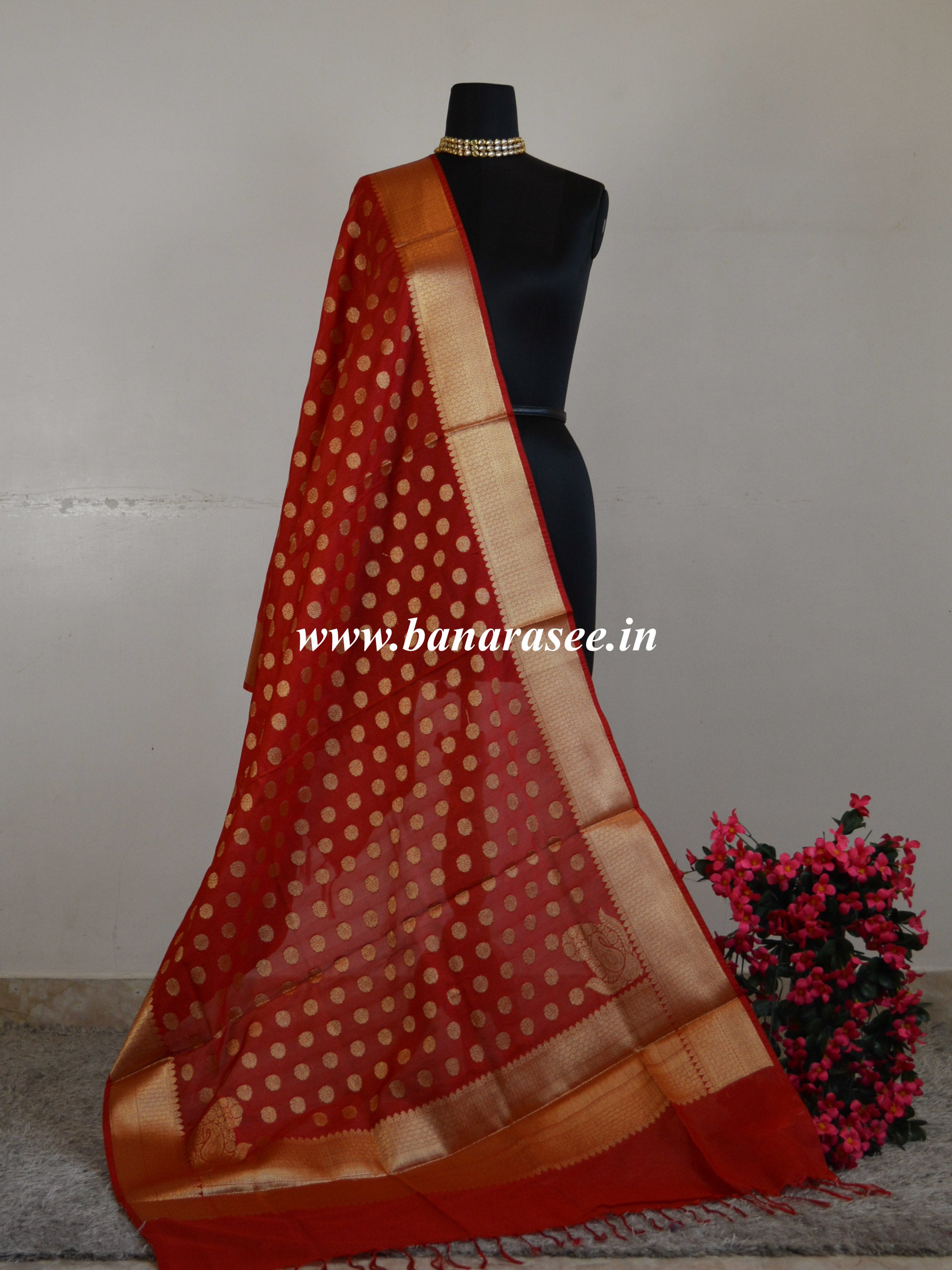 Banarasee Art Silk Gold Zari Buti Design Dupatta-Red