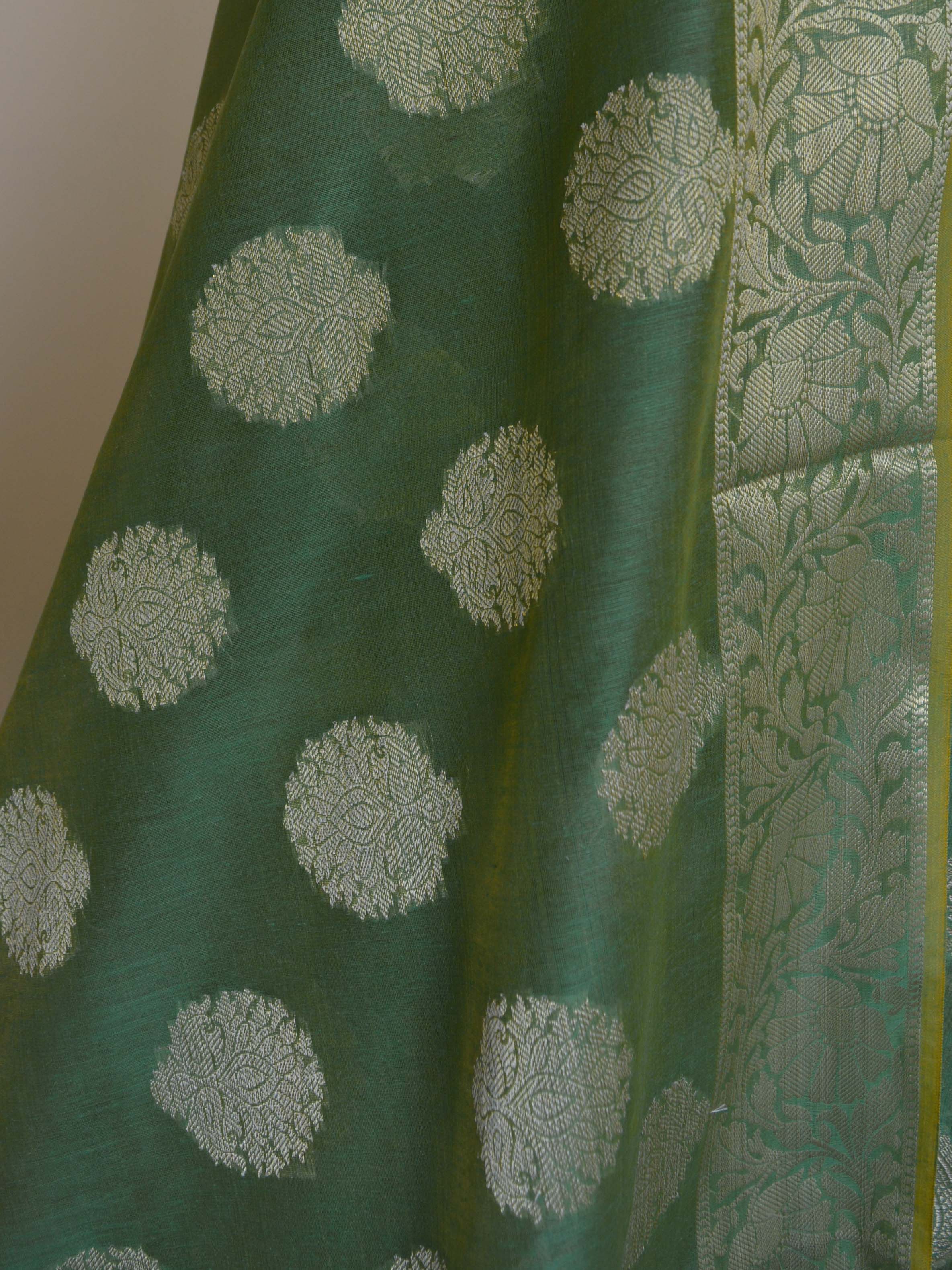 Banarasee Chanderi Cotton Salwar Kameez Fabric With Zari Dupatta-Green