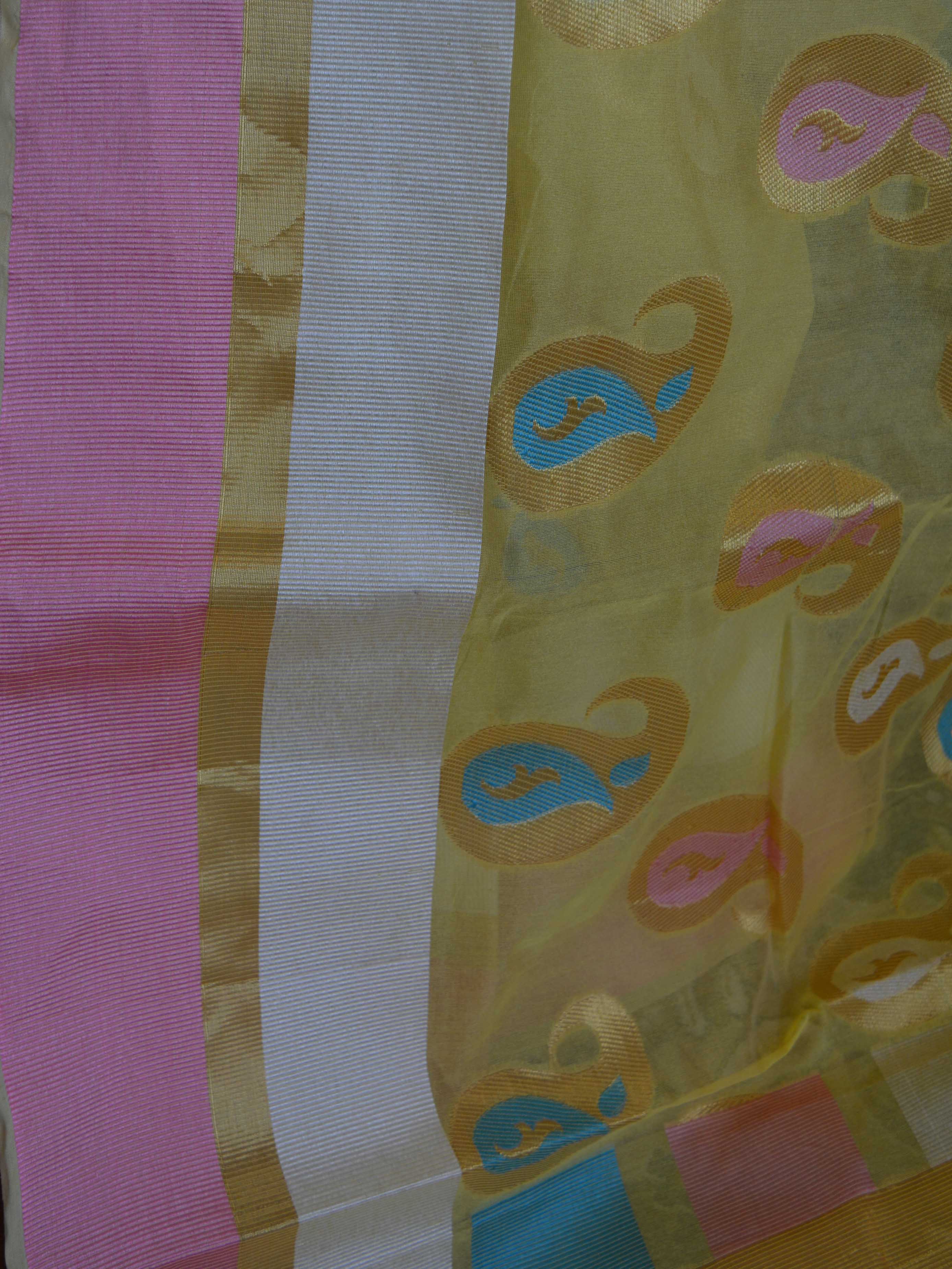 Banarasee Cotton Silk Mix Saree With Zari Border & Paisley Buta Design-Yellow