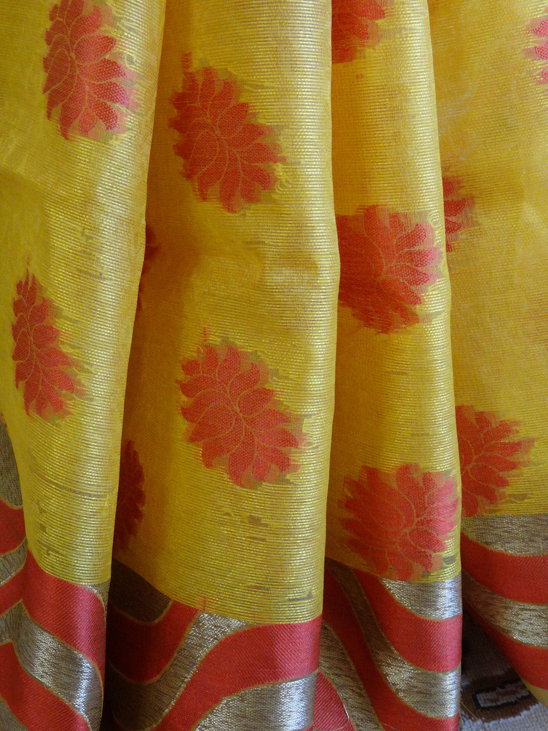 Banarasee Organza Mix Saree With Lotus Buti & Wave Design Border-Yellow