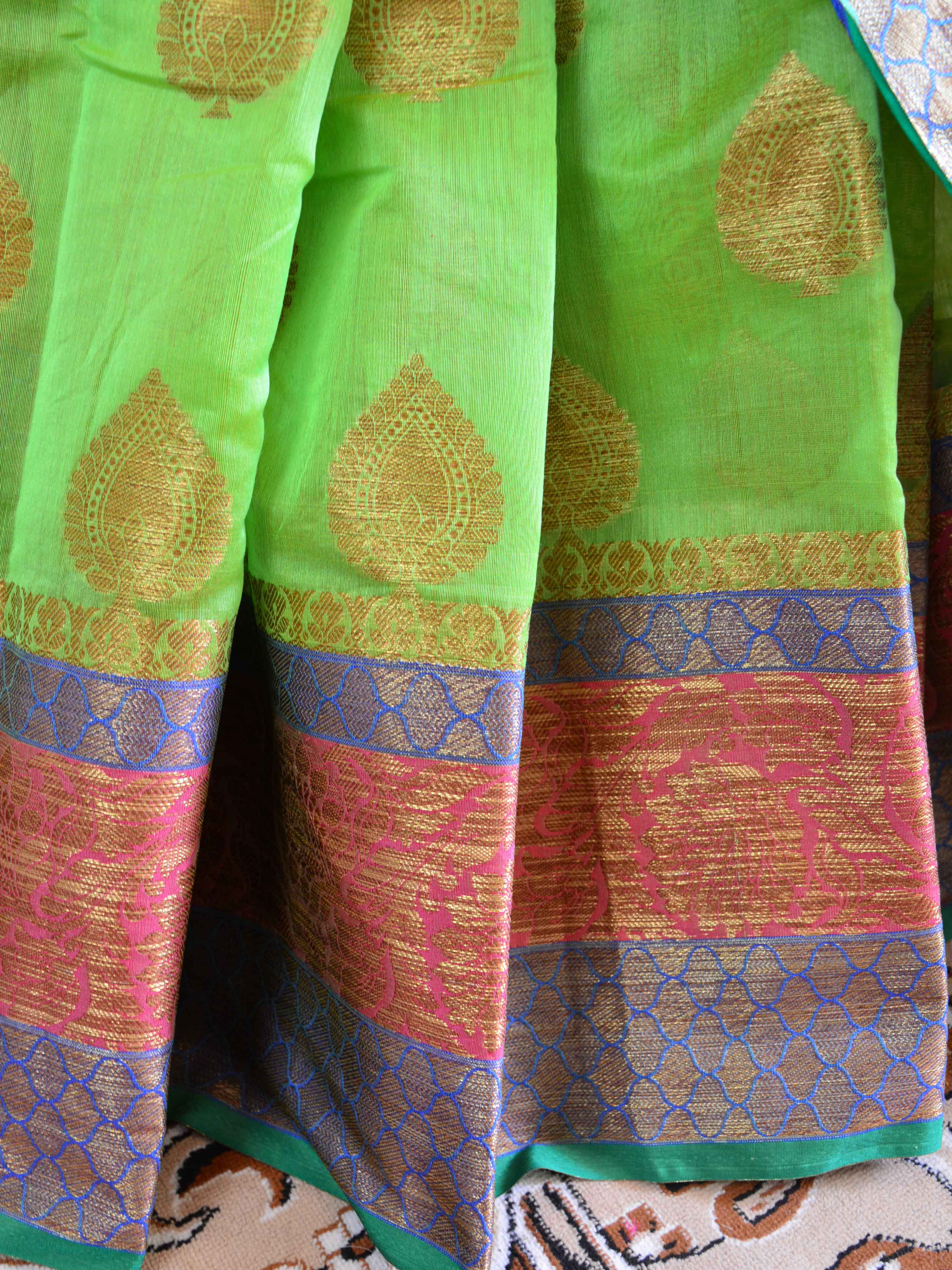 Banarasee Handloom Cotton Silk Saree With Antique Zari Buta & Floral Border-Green