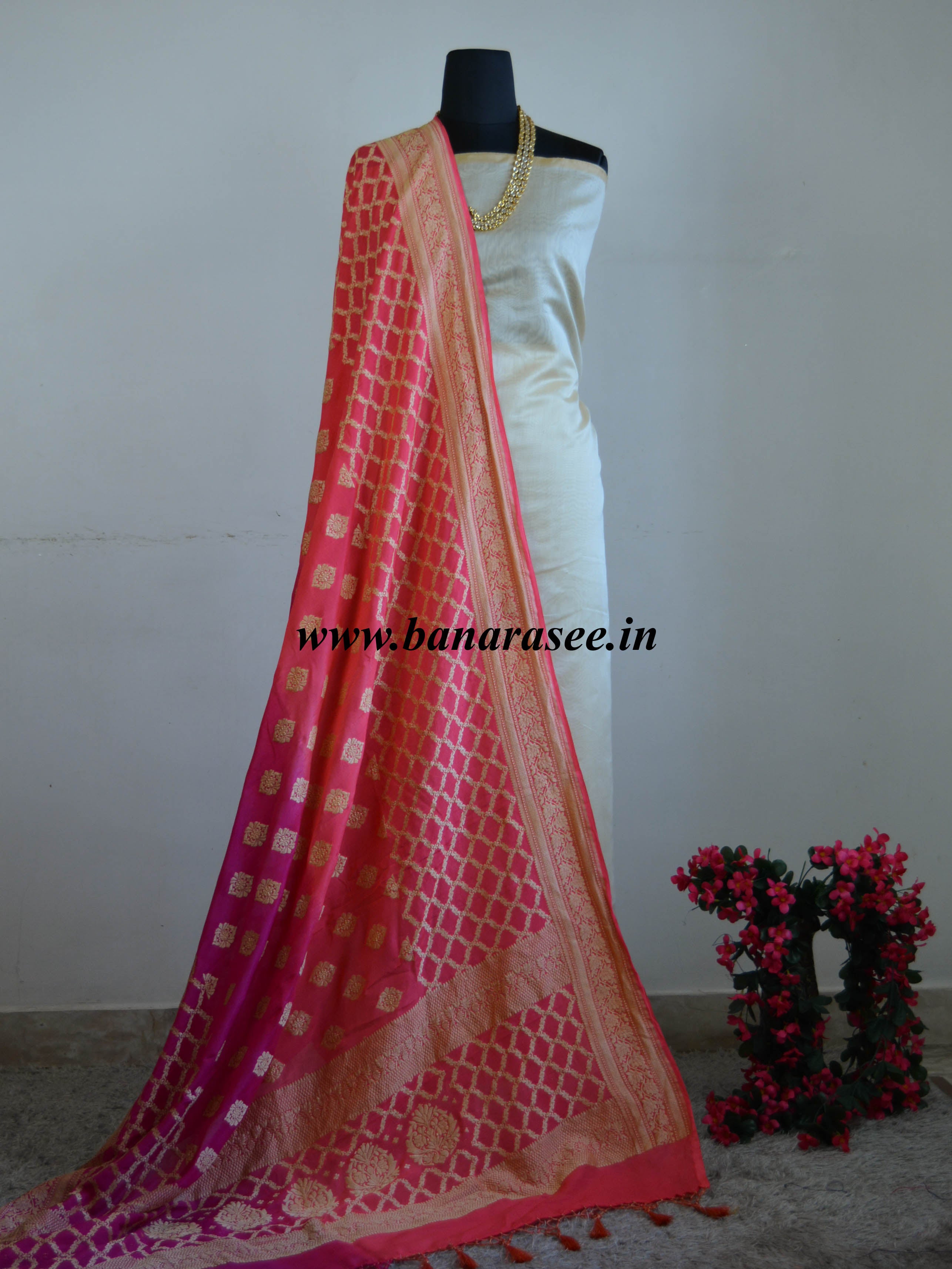 Banarasee Chanderi Cotton Salwar Kameez Fabric With Pure Handloom Chiffon Dupatta-Off White