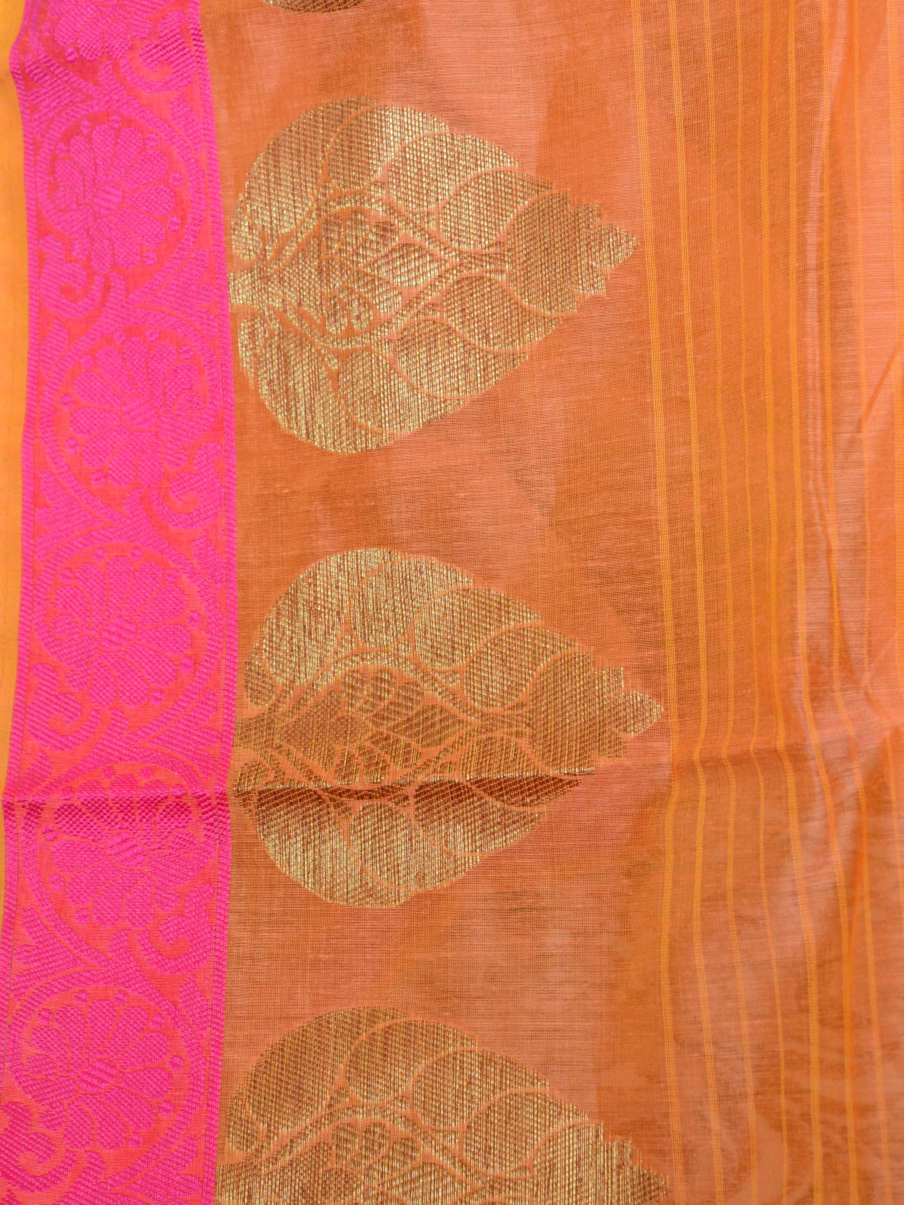 Banarasee Cotton Silk Saree With Resham Pink Floral Border-Orange