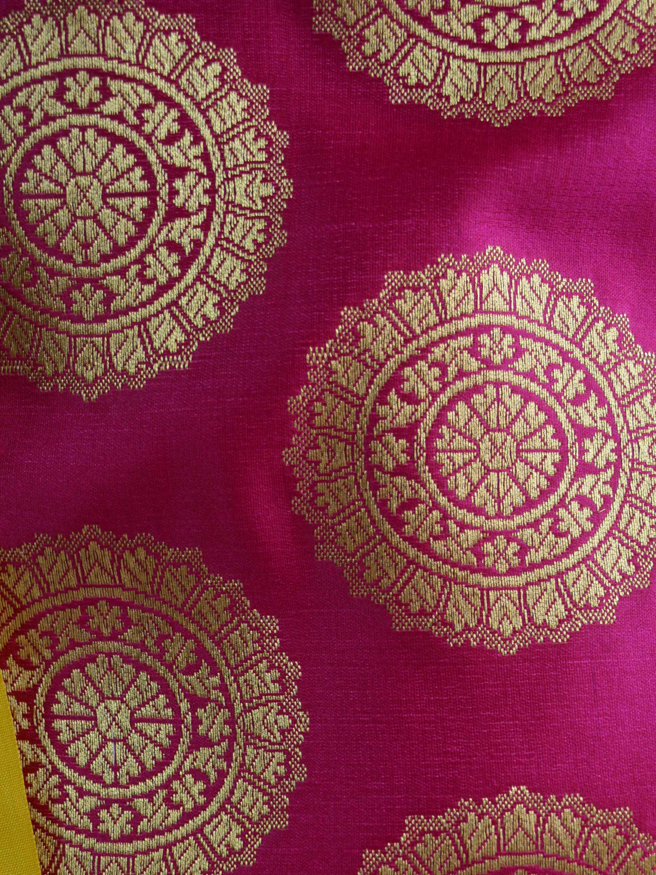 Banarasee Handwoven Satin Brocade Salwar Kameez Fabric & Yellow Art Silk Dupatta-Hot Pink