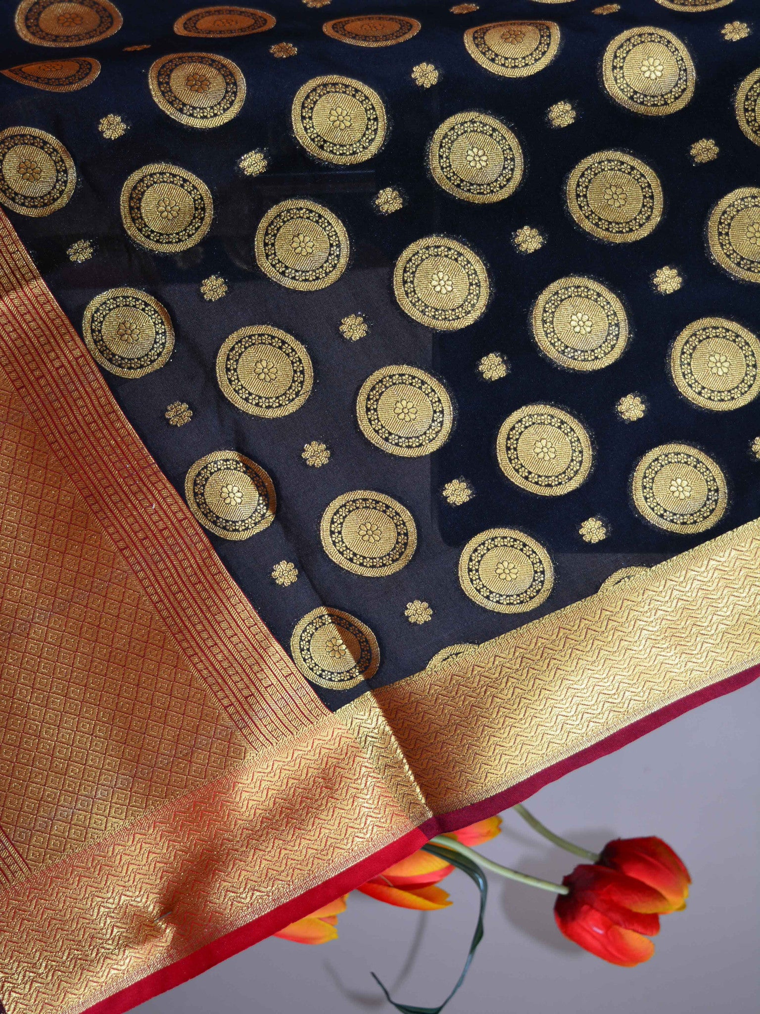 Banarasee Art Silk Dupatta With Circle Buti Design-Black