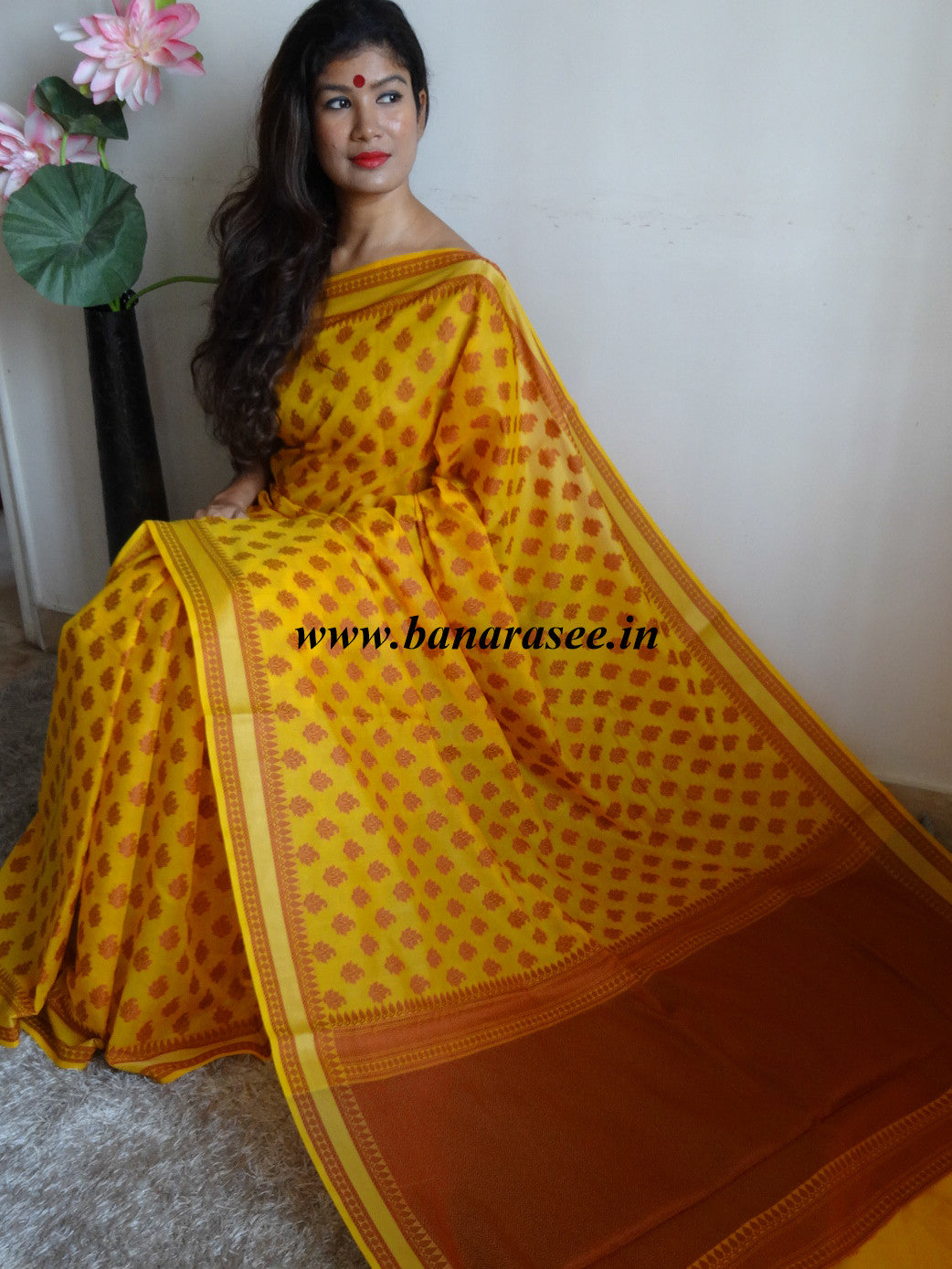 Banarasee/Banarasi Cotton Silk Mix With Resham Booti-Yellow