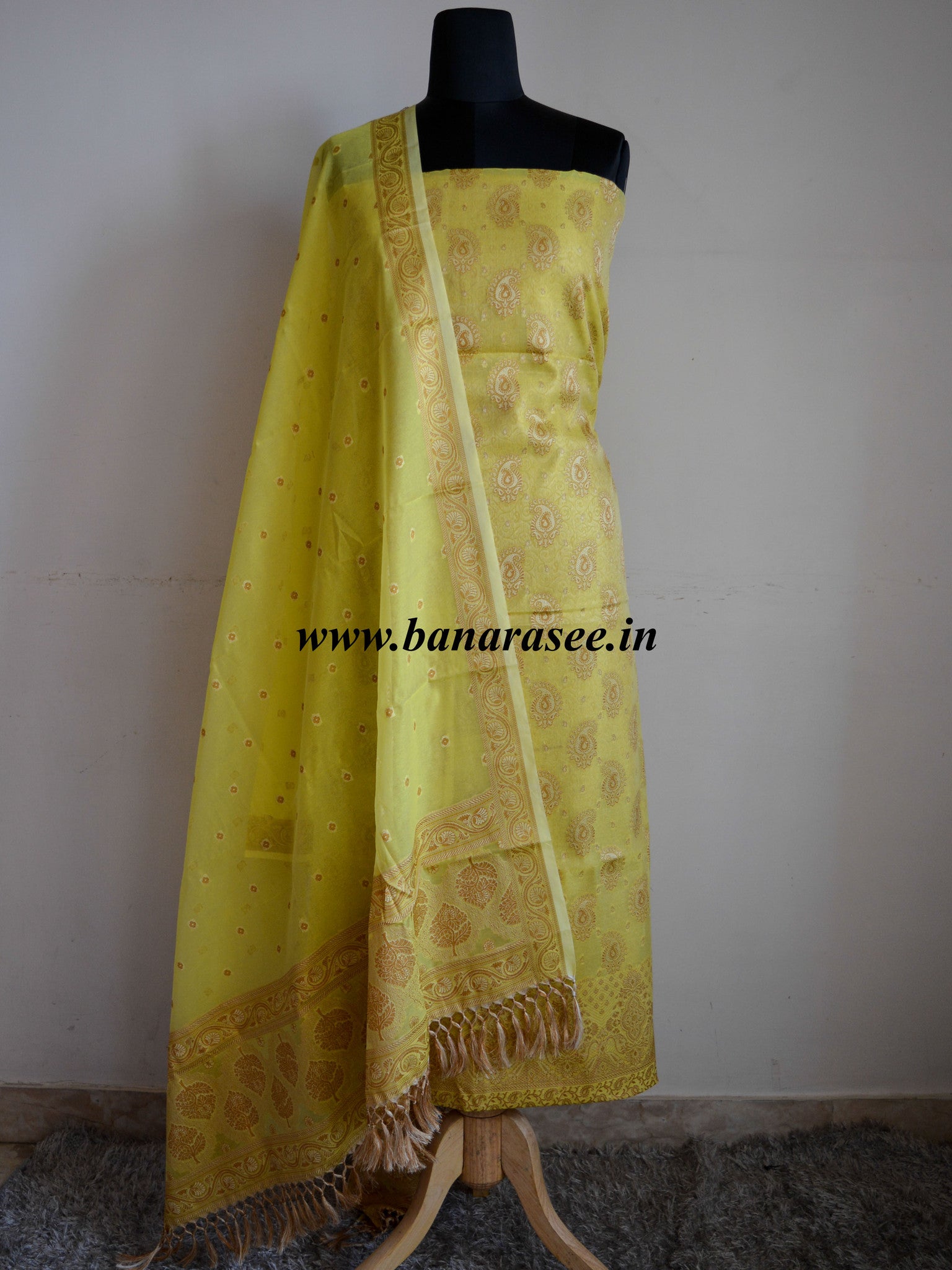 Banarasee/Banarasi Salwar Kameez Cotton Silk Resham Woven Fabric-Yellow