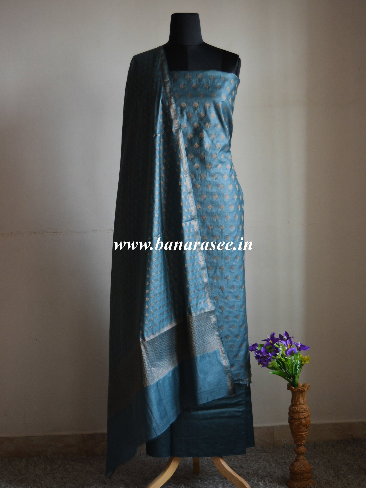 Banarasee/Banarasi Salwar Kameez Cotton Silk Antique Gold Zari Buti Woven Fabric-Grey