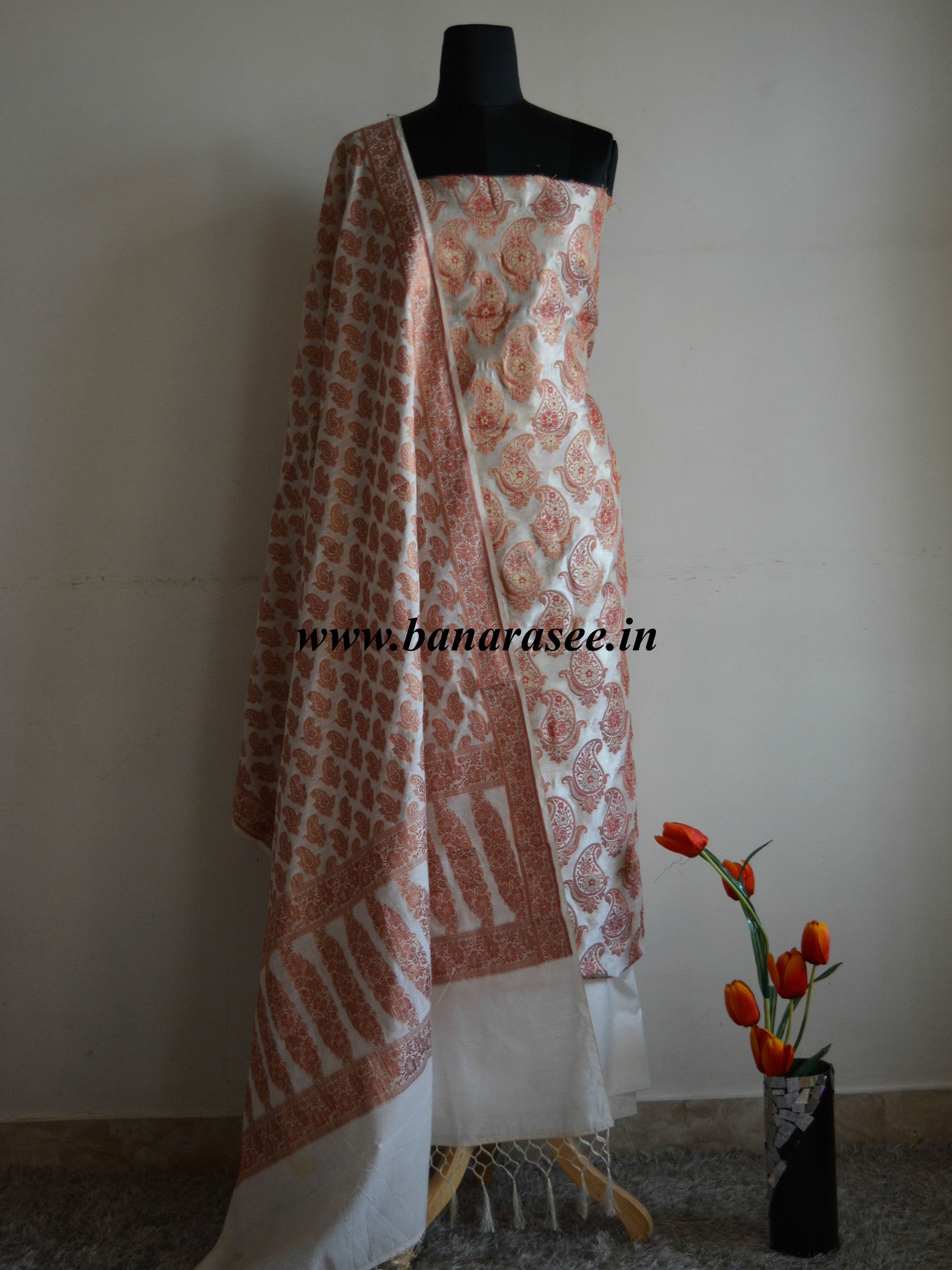 Banarasee/Banarasi Salwar Kameez Cotton Silk Red Paisley Buti Woven Fabric-Off White