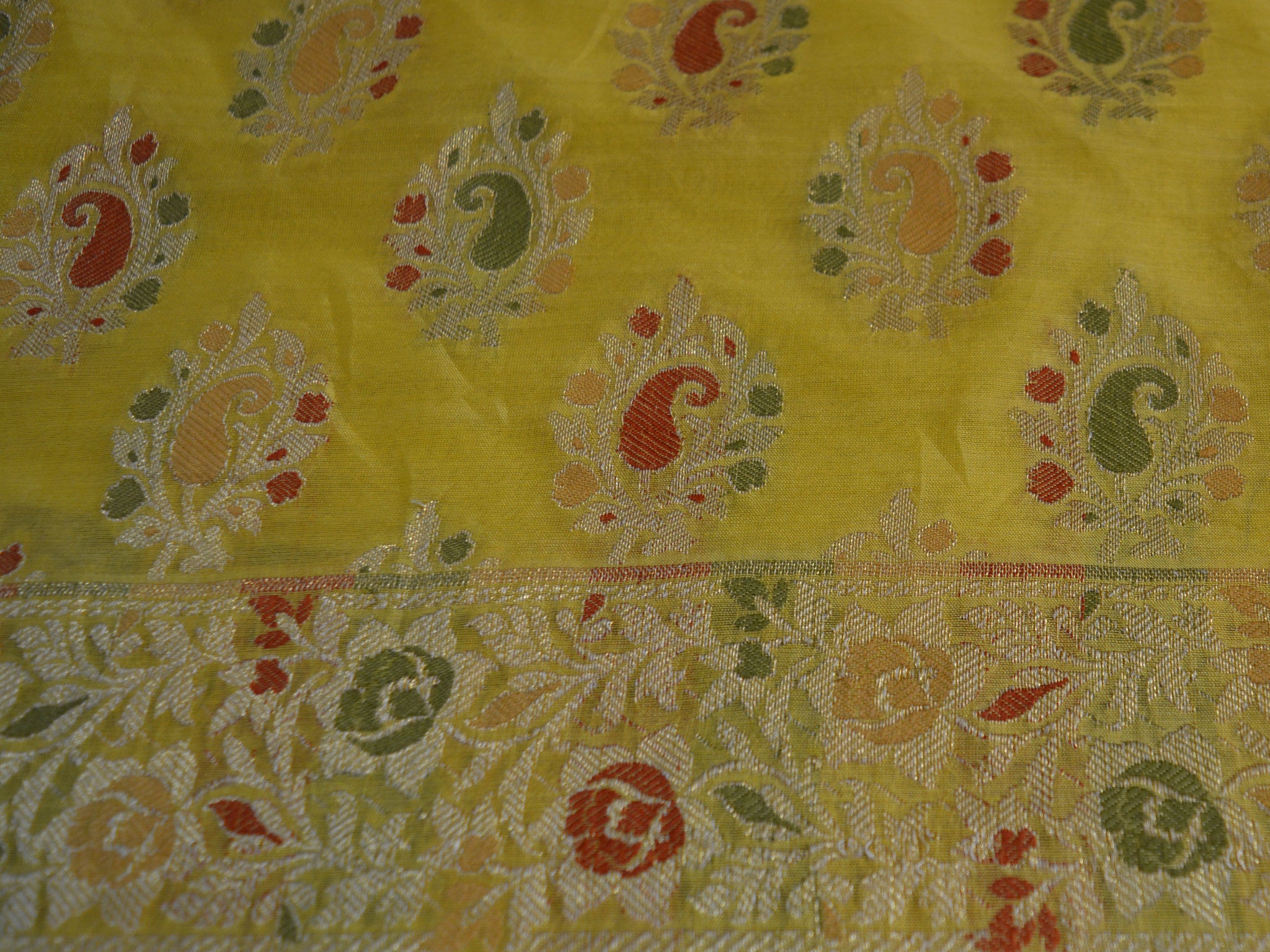 Banarasee/Banarasi Salwar Kameez Cotton Silk Woven Meena Buti Fabric-Yellow
