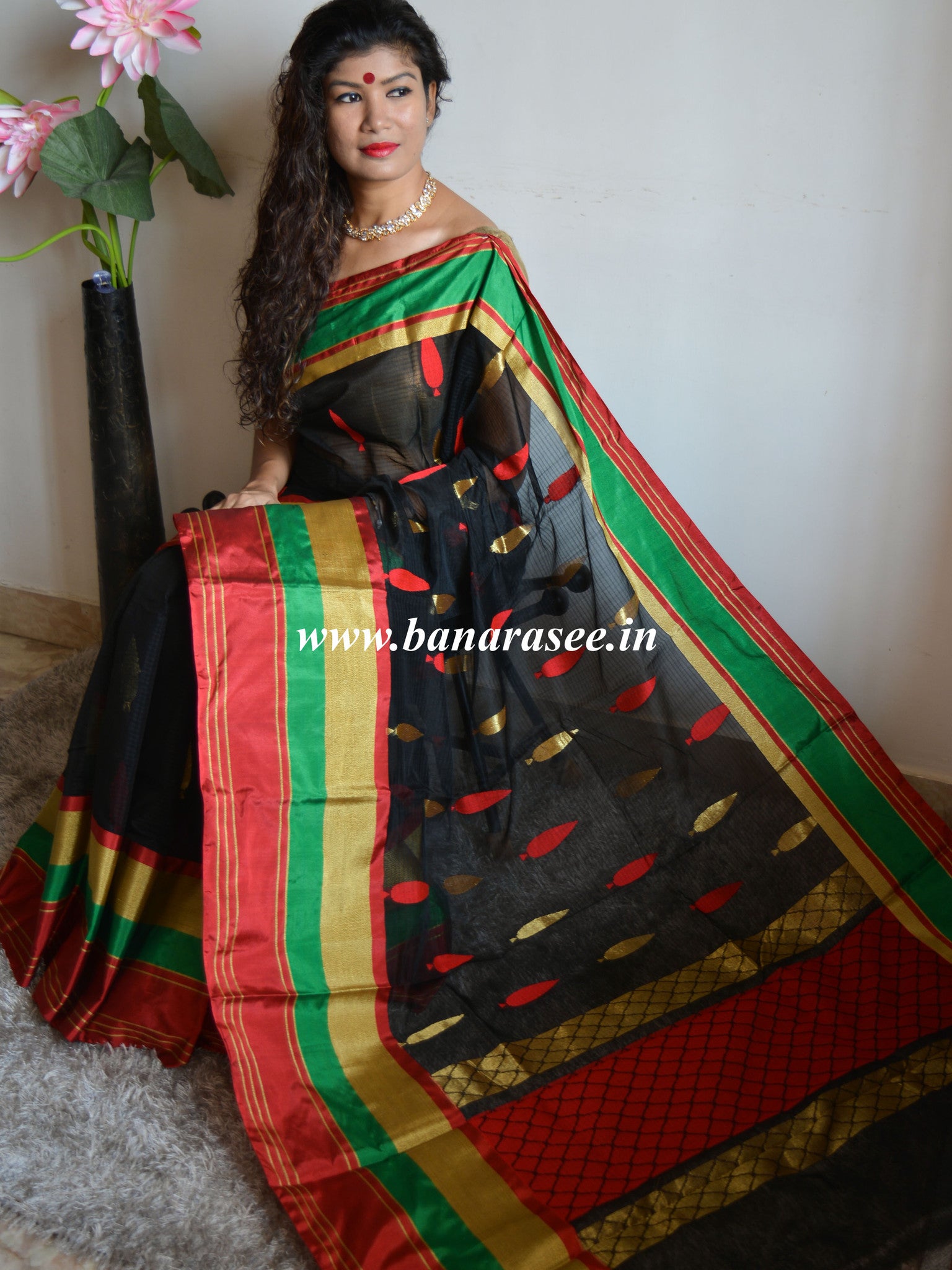 Banarasee/Banarasee Pure Handloom Silk Cotton Saree With Resham Buti-Black