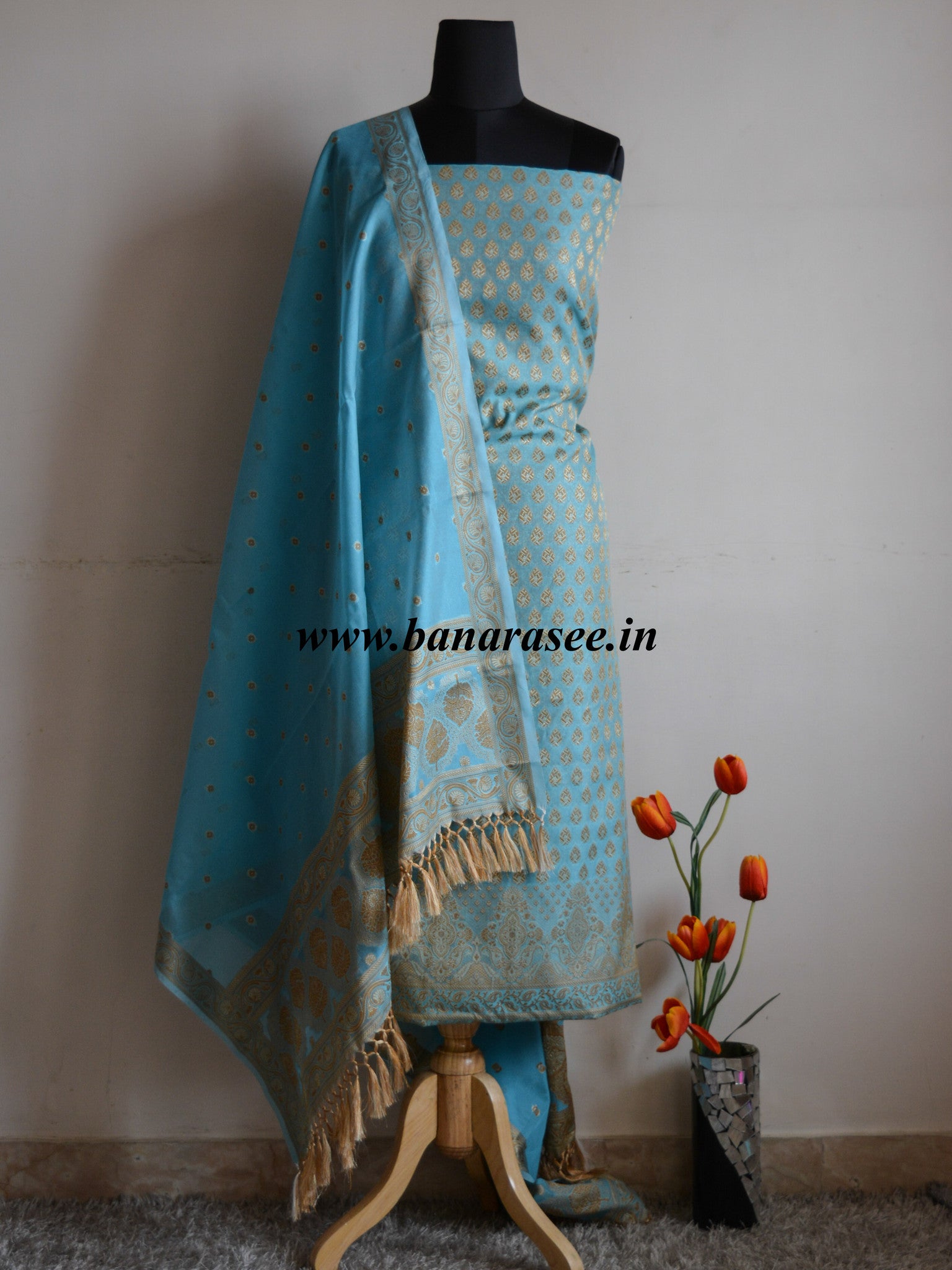 Banarasee/Banarasi Salwar Kameez Cotton Silk Resham Woven With Buti Design Fabric-Sky Blue
