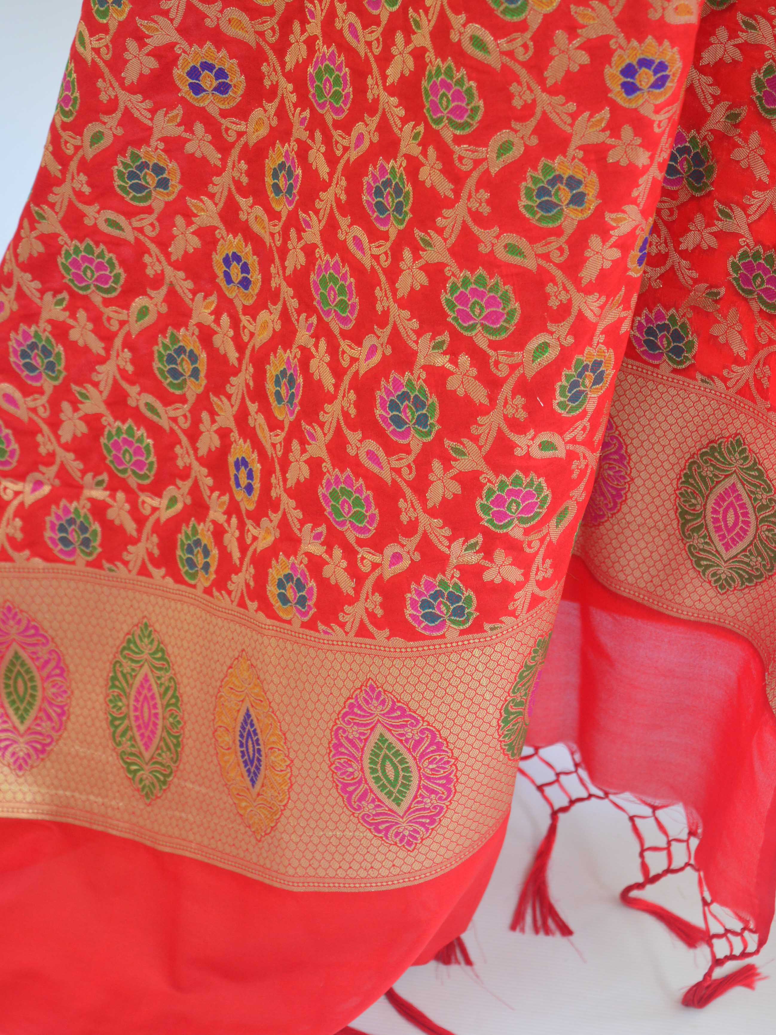 Banarasee Salwar Kameez Semi Katan Silk Zari Buti Fabric With Contrast Dupatta-Orange
