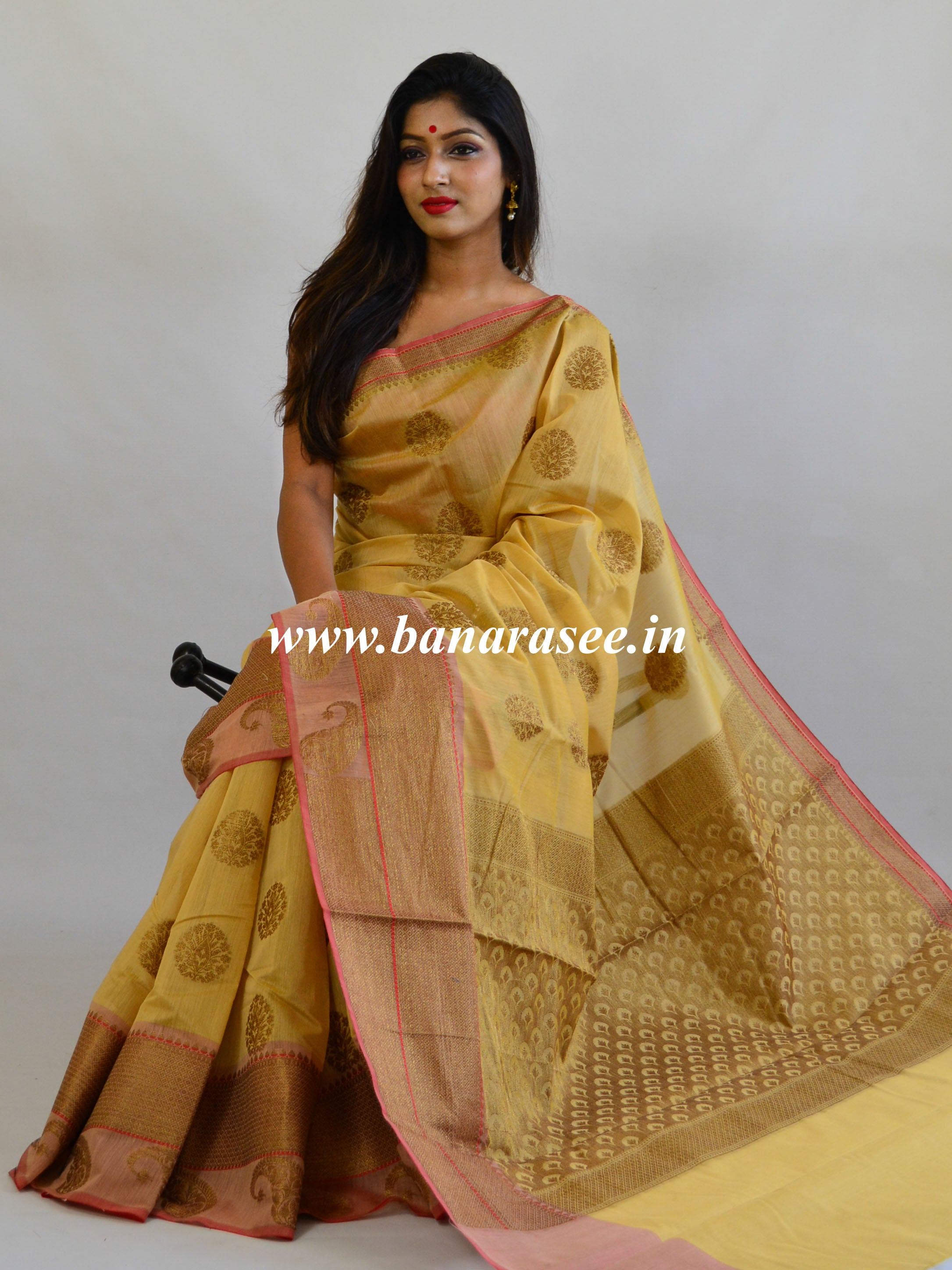 Banarasee Cotton Silk Saree With Antique Zari Buti & Border-Beige