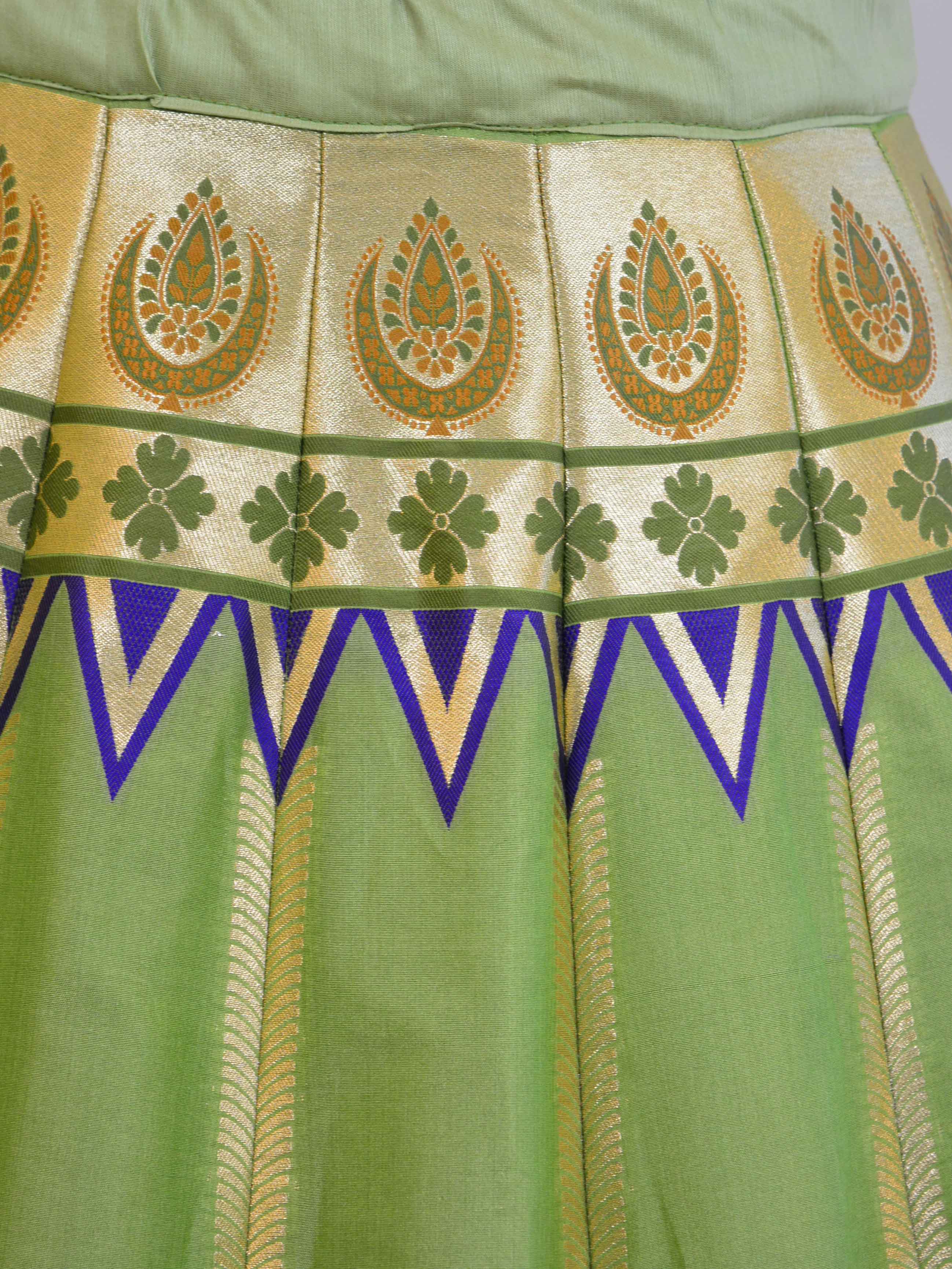 Banarasee Handwoven Art Silk Unstitched Lehenga & Blouse Fabric With Meena Work-Pastel Green
