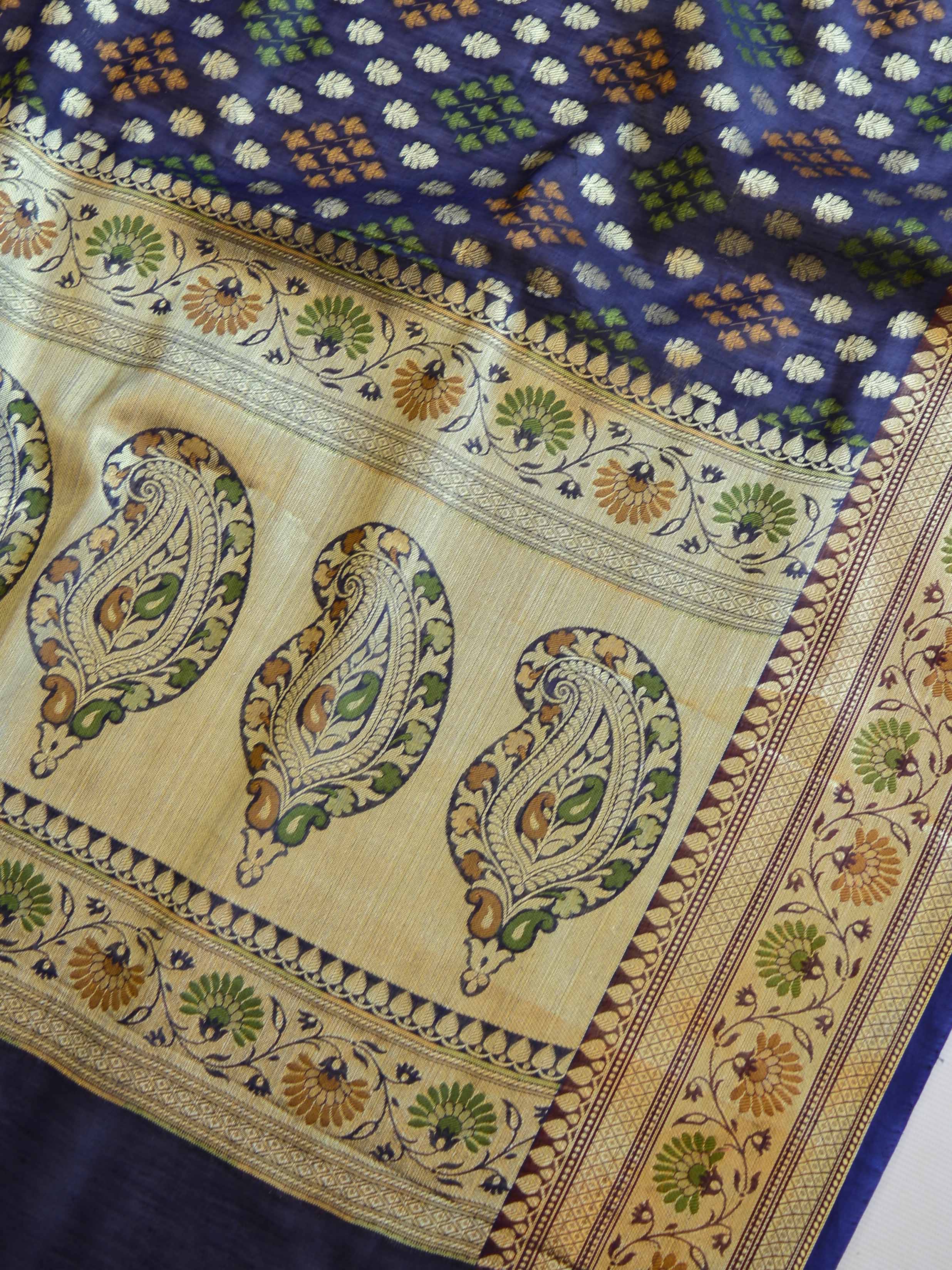 Banarasee Handwoven Cotton Silk Saree With Gharchola Design-Deep Blue