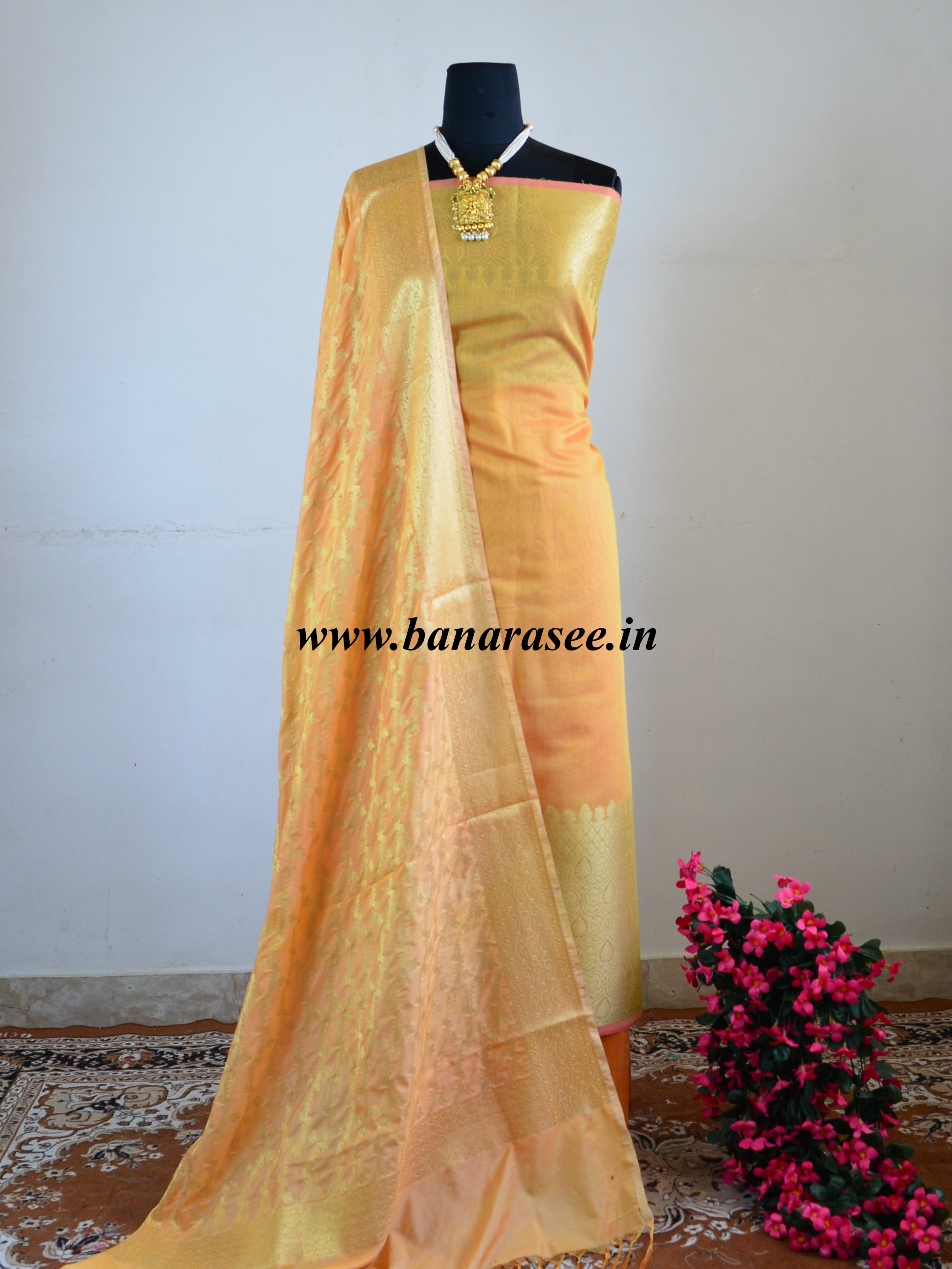 Banarasee Chanderi Cotton Salwar Kameez Fabric With Zari Dupatta-Gold