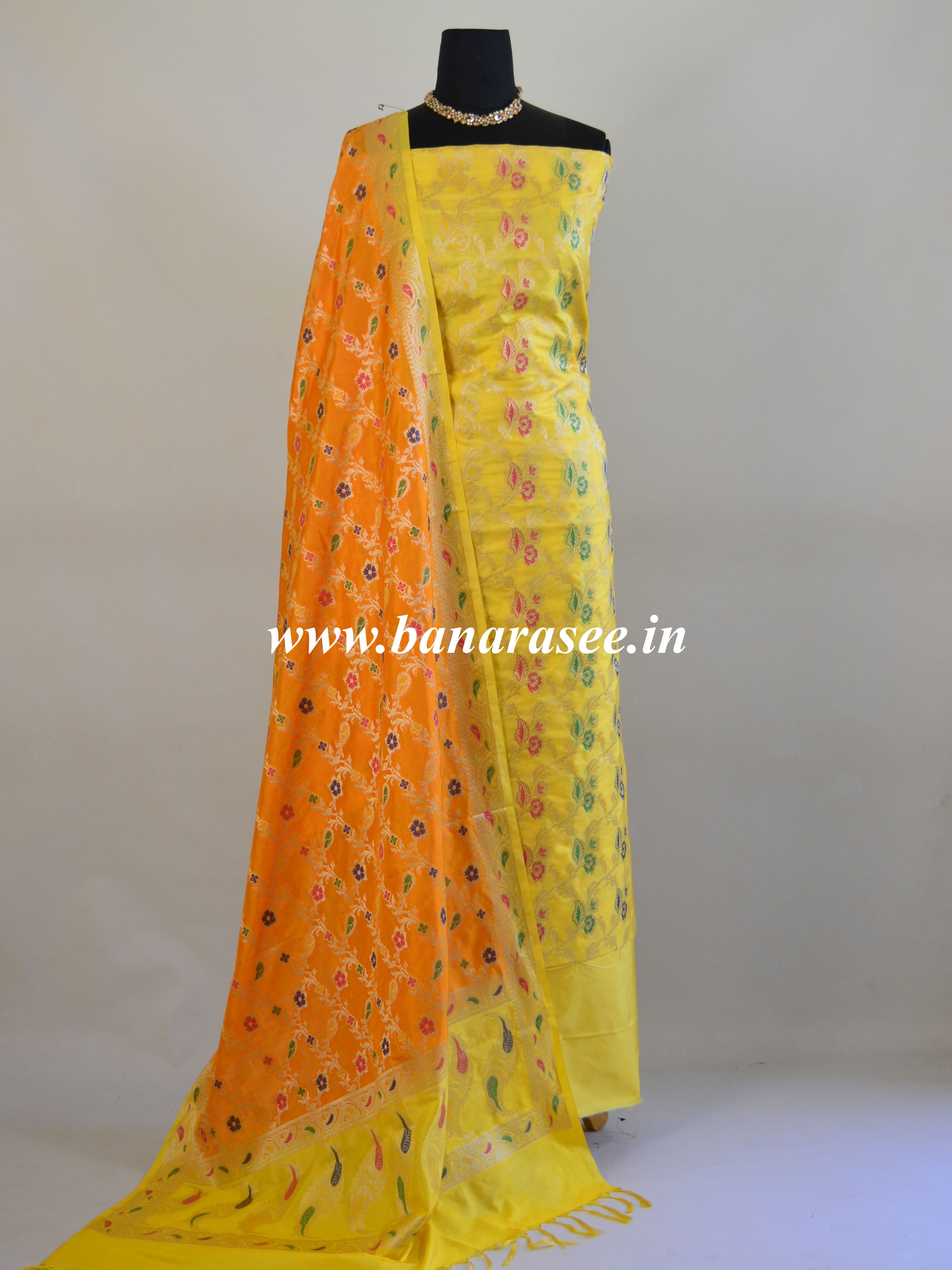 Banarasee Salwar Kameez Glossy Semi Silk Zari & Meena Jaal Work Fabric-Yellow