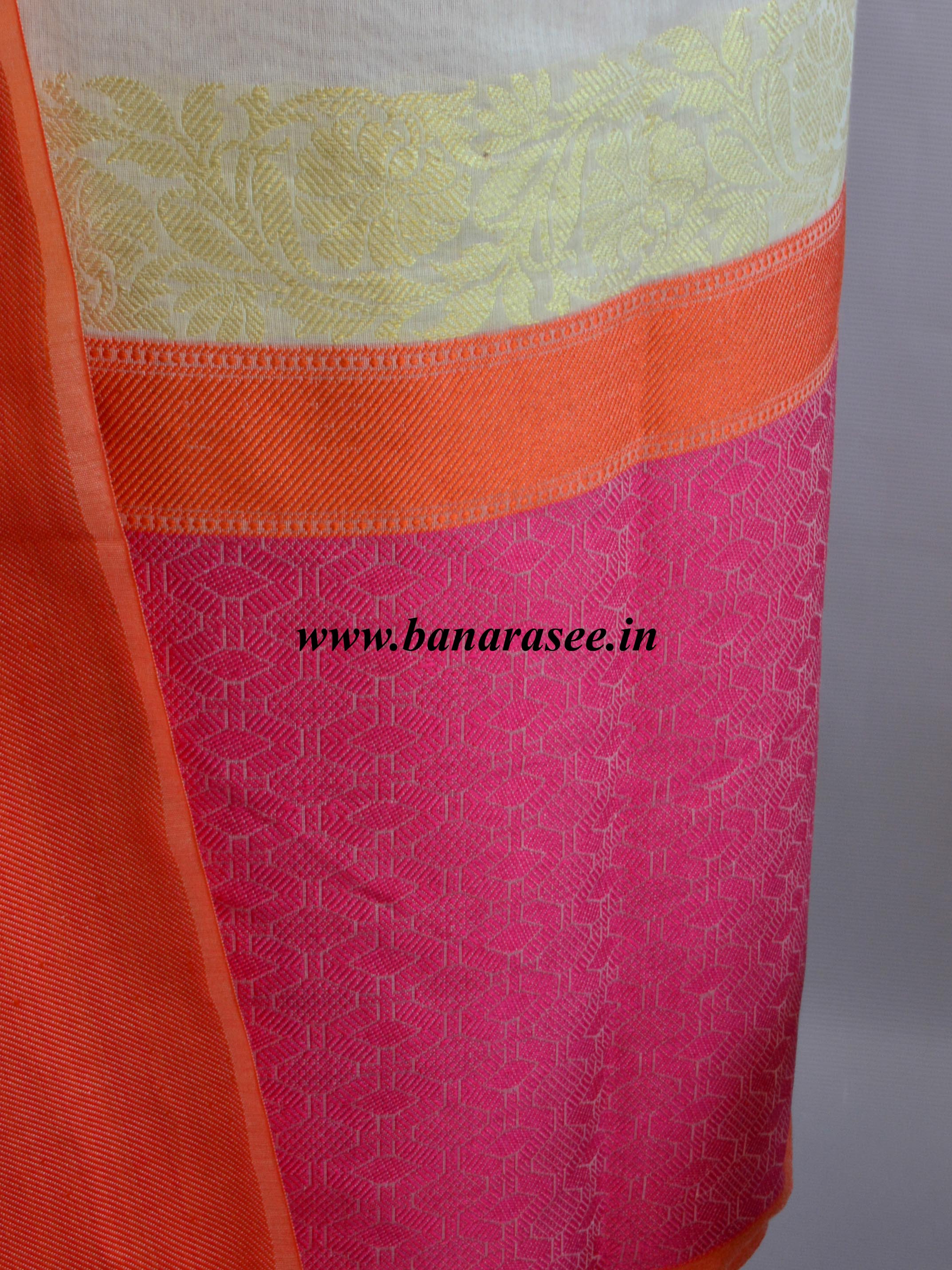 Banarasee Chanderi Cotton Salwar Kameez Pink Border Fabric With Dupatta-Off White