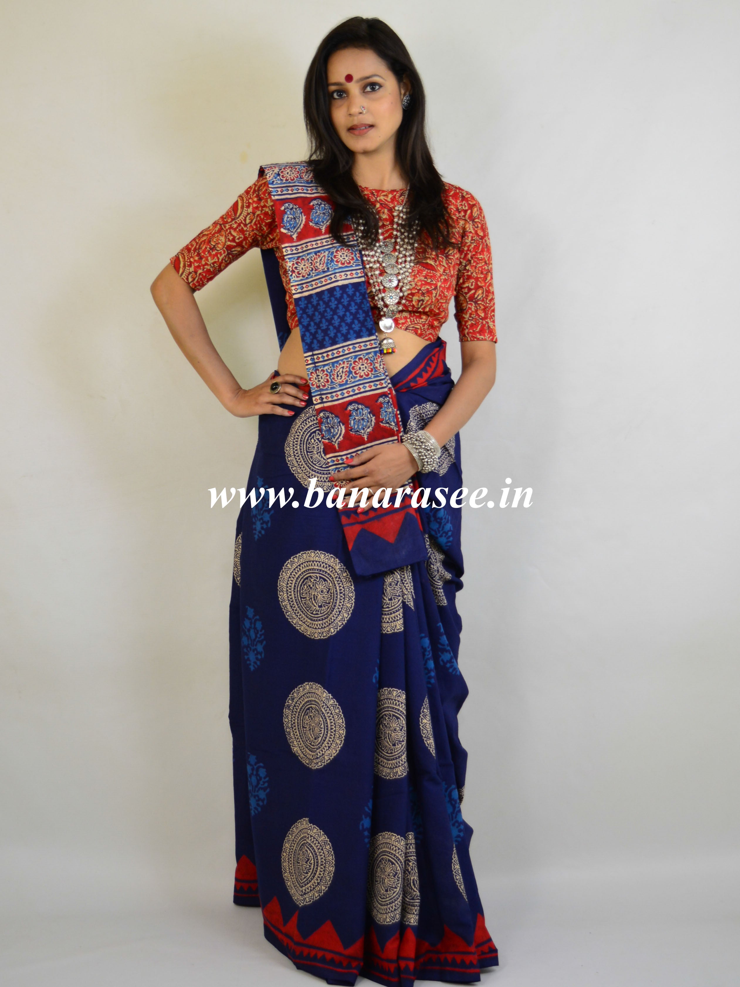 Handloom Mul Cotton Bagru Print Saree-Indigo