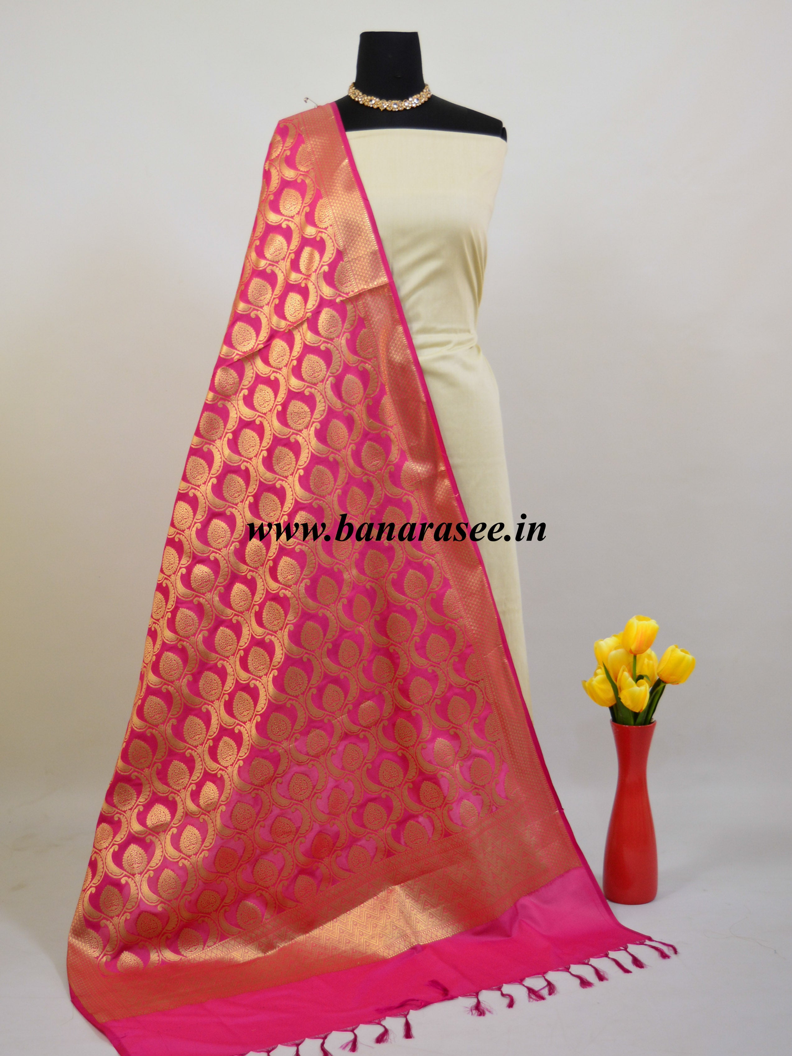 Banarasee Art Silk Dupatta Heavy Jaal Design-Hot Pink