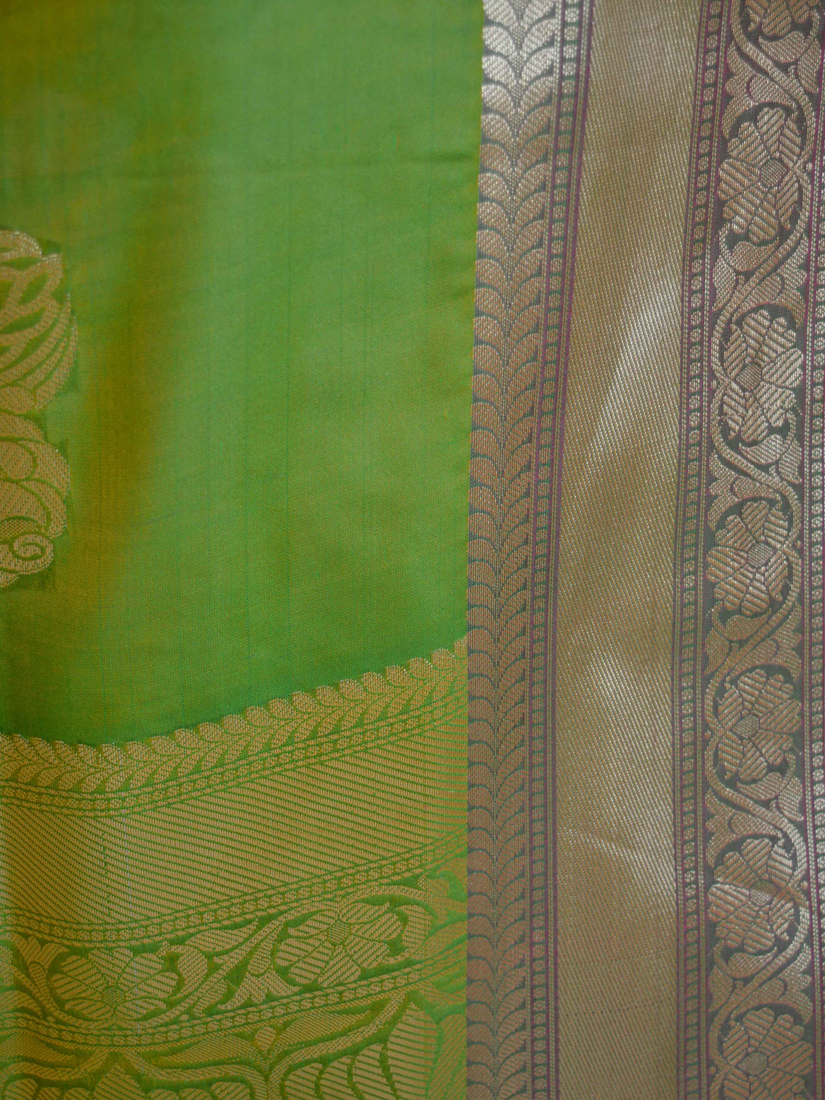Banarasee Handwoven Semi Silk Saree With Zari Border & Buta-Henna Green