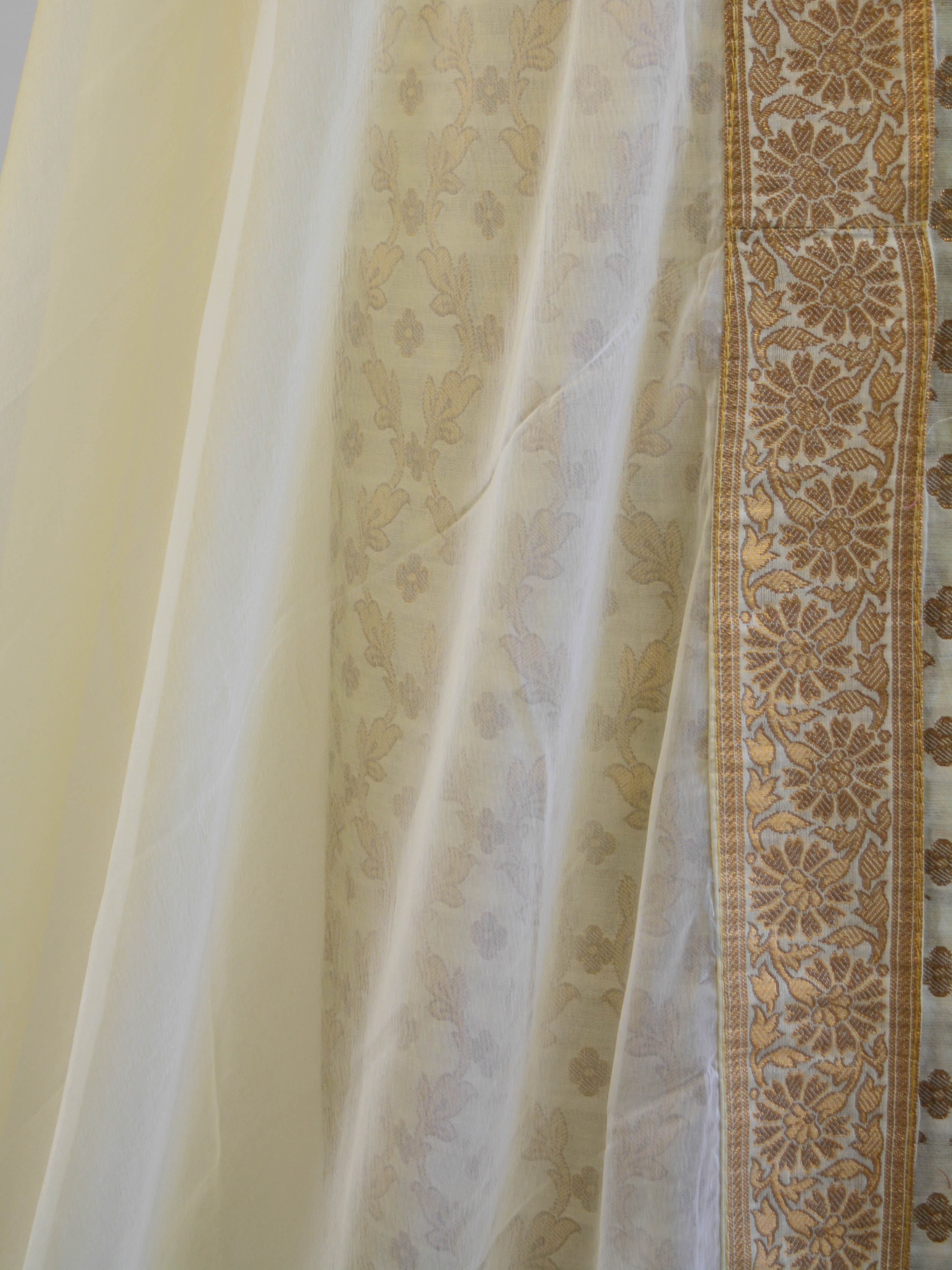 Banarasee Salwar Kameez Cotton Silk Woven Antique Zari Jaal Fabric-Ivory White