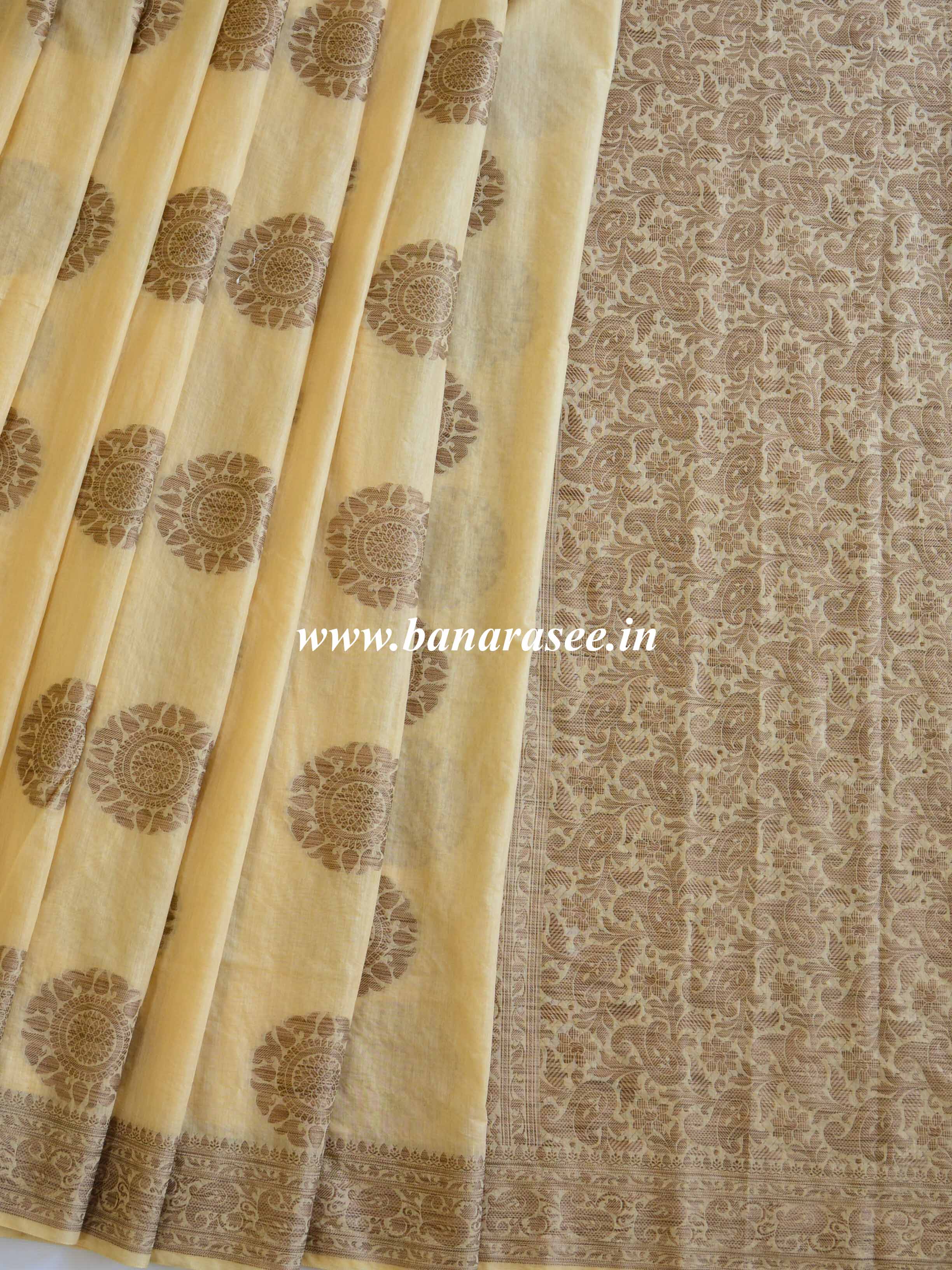 Banarasee Pure Handloom Soft Cotton Saree With Jute Work-Beige