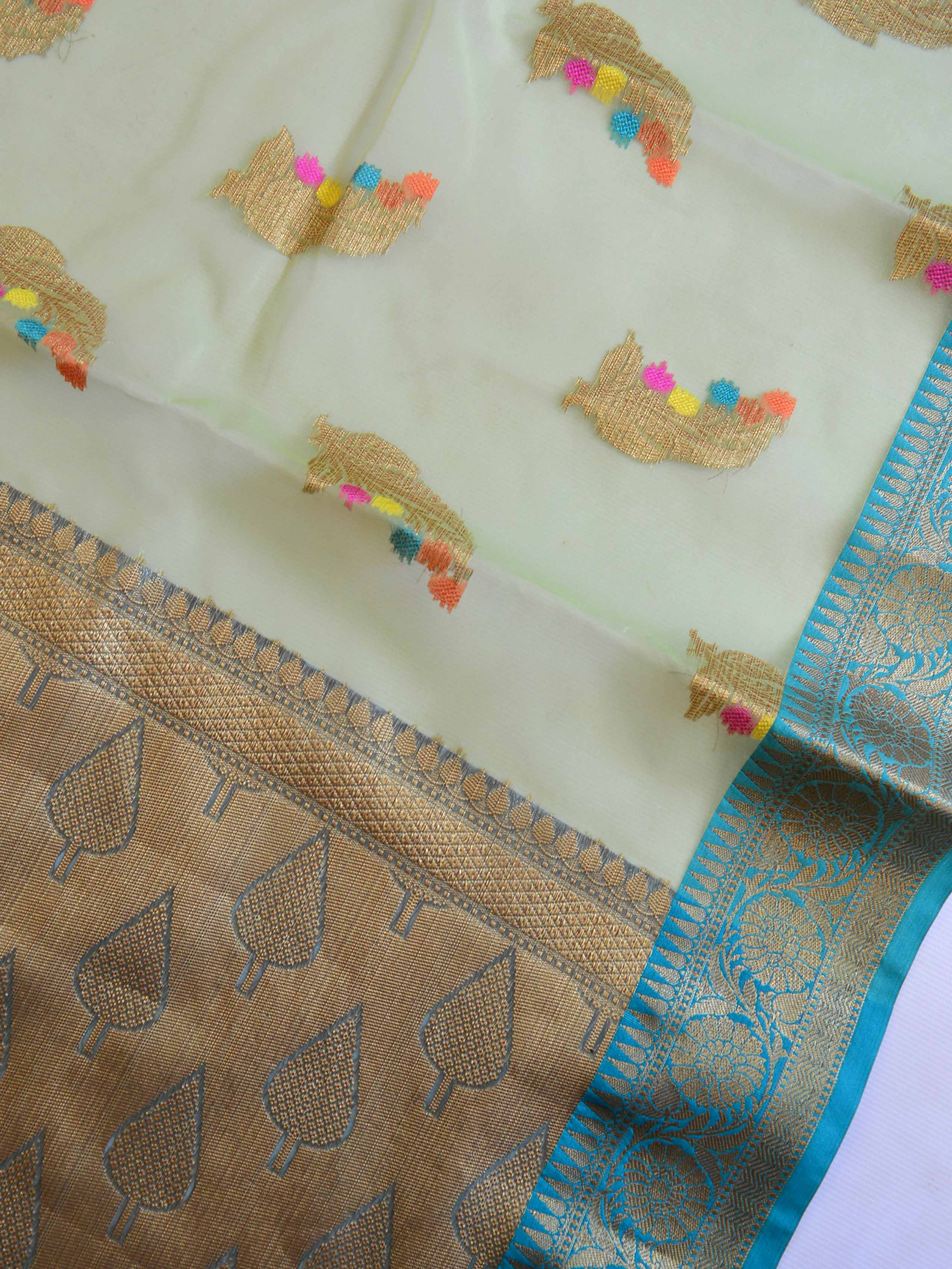 Banarasee Organza Saree With Antique Teal Border-Green