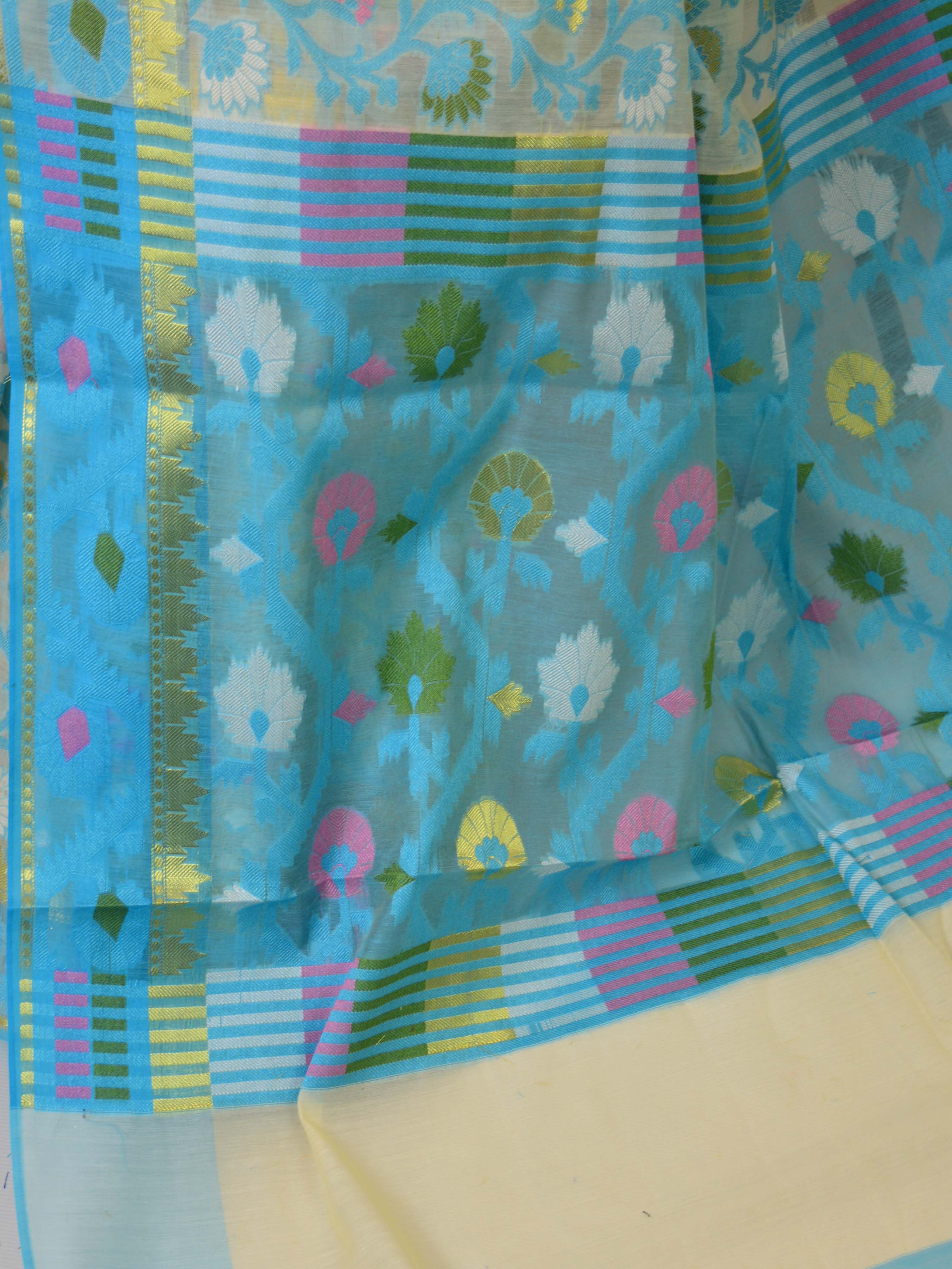 Banarasee Pure Handloom Cotton Dhakai Jamdani Saree With Blue Resham Jaal-Off White