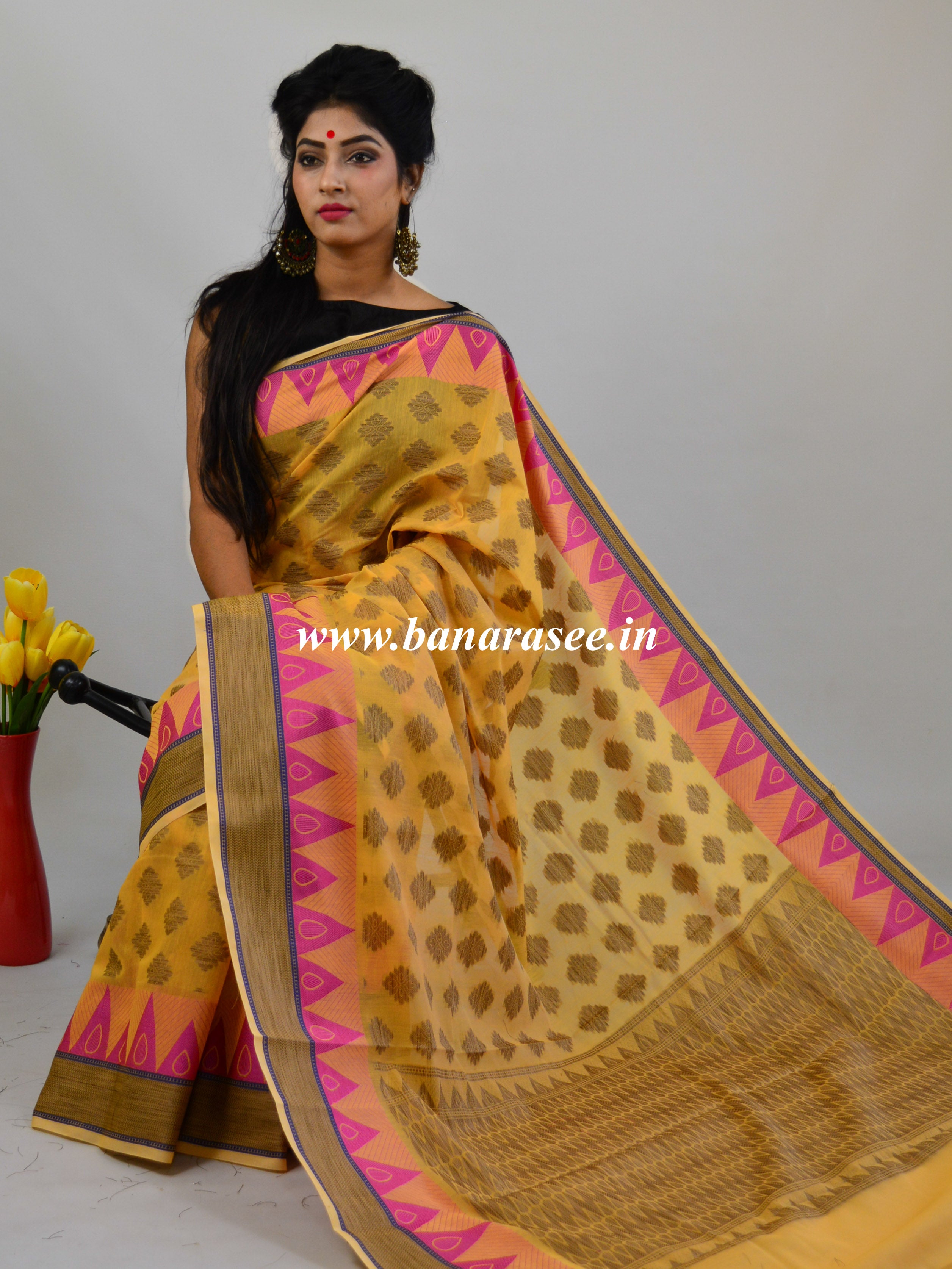 Banarasee Handloom Cotton Saree with Resham Work-Yellow