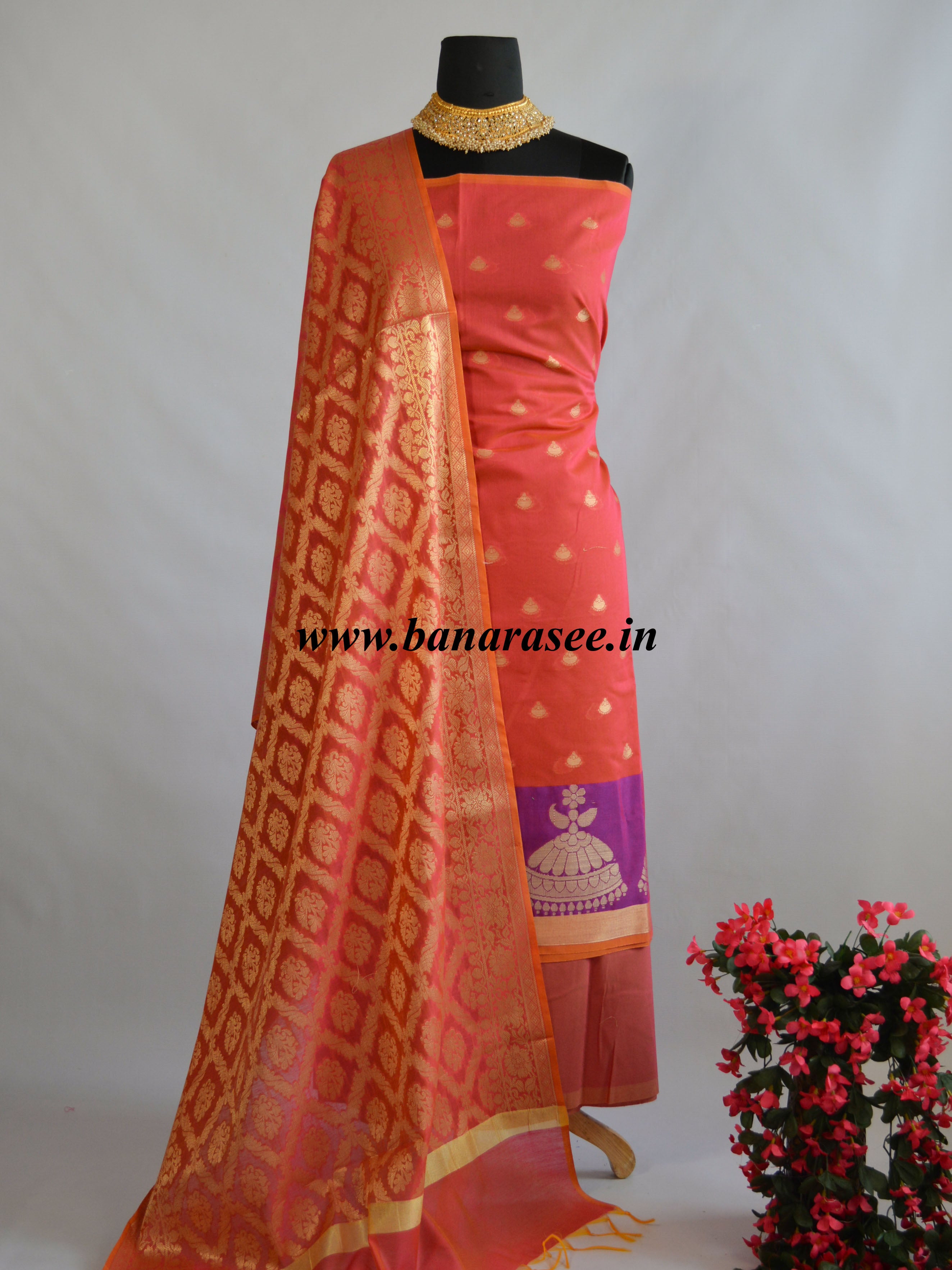 Banarasee Chanderi Cotton Salwar Kameez Jhumki Border Design Fabric-Red