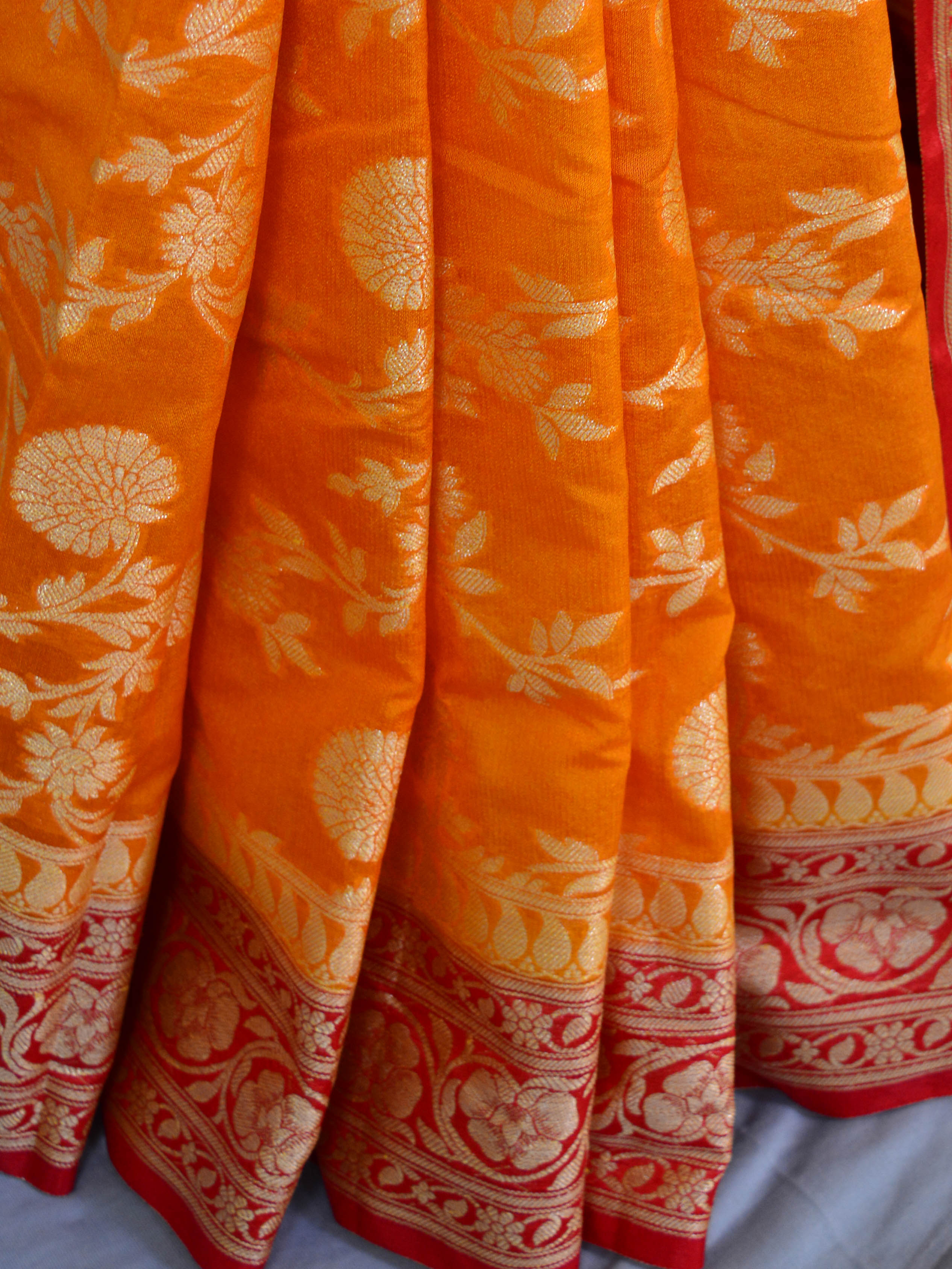 Banarasee Handwoven Semi-Chiffon Saree With Floral Jaal & Contrast Border-Orange