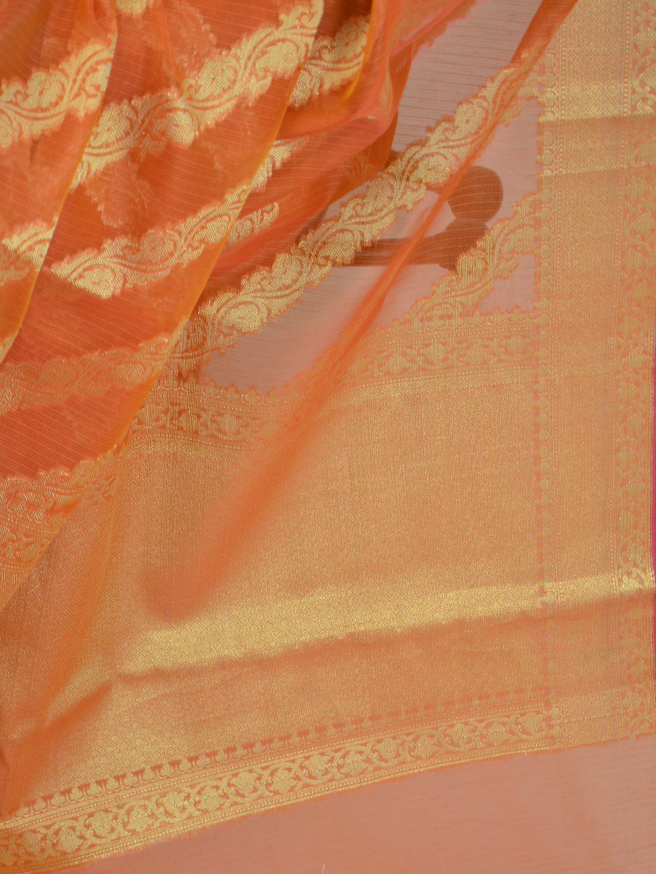 Banarasee Handloom Cotton Silk Mix Stripes Design Sari-Orange(Dual Tone)