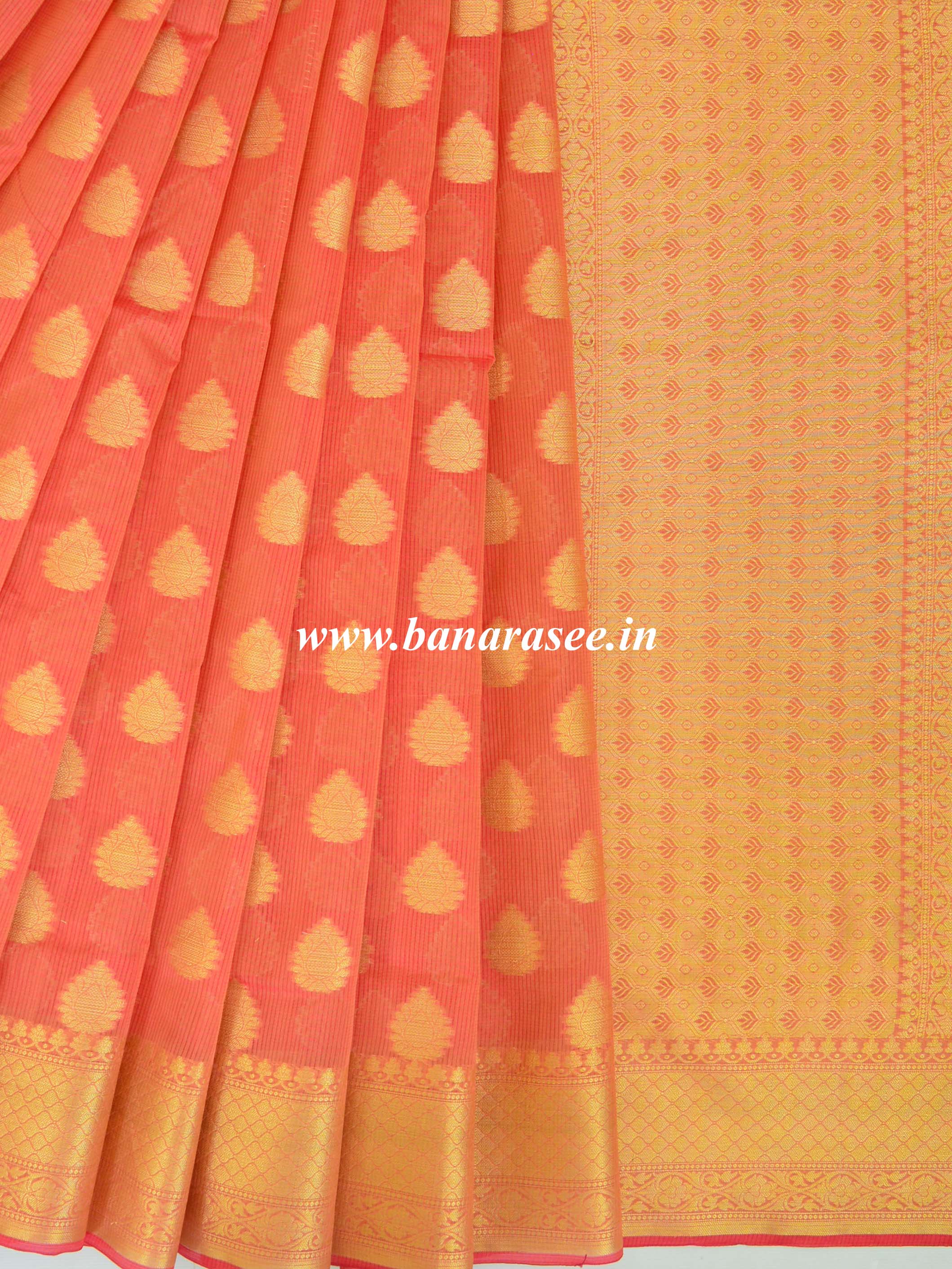 Banarasee Cotton Silk Mix Saree With Zari Buta & Border Design-Peach
