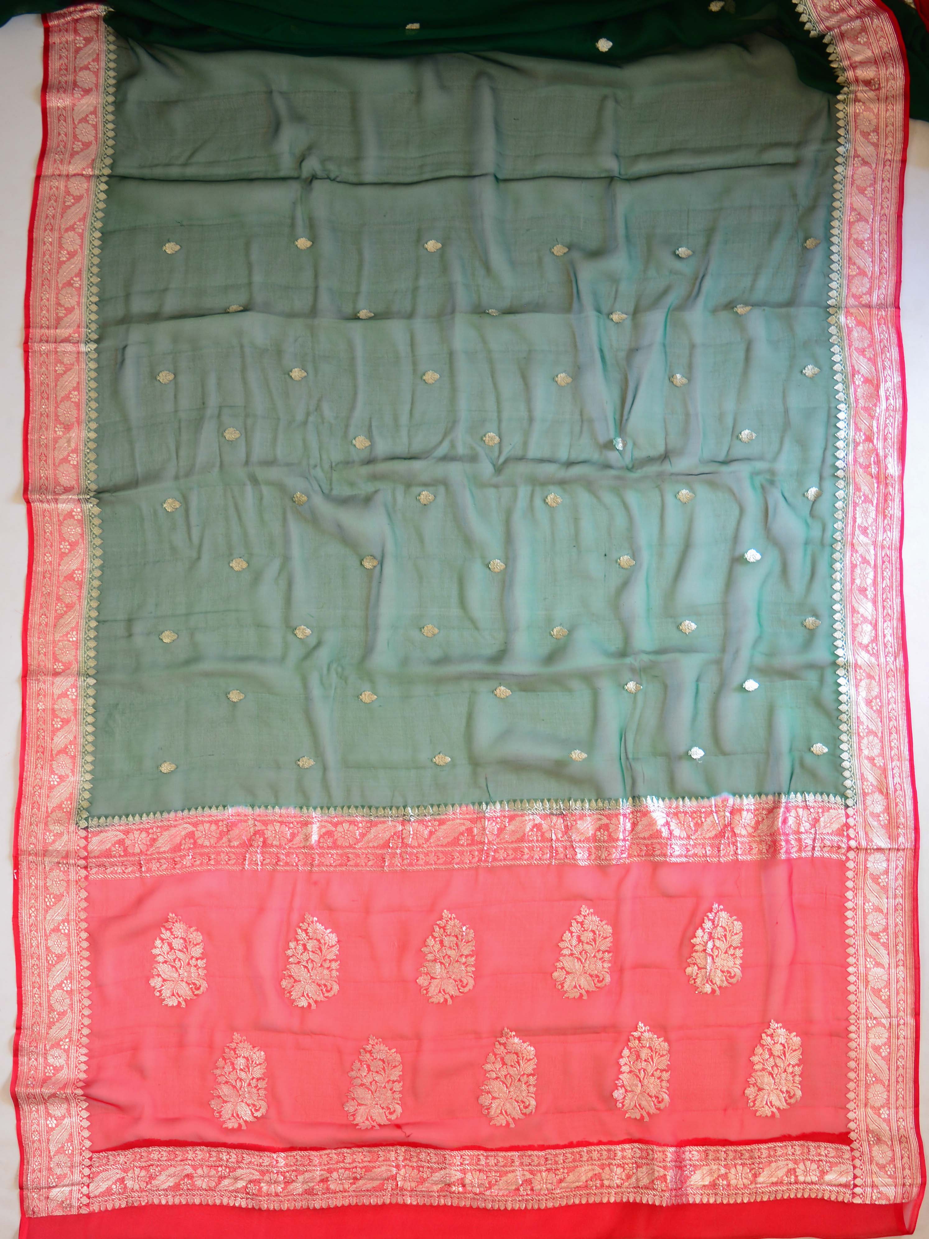 Banarasee Pure Khaddi Chiffon Silk Saree With Silver Zari-Green & Red