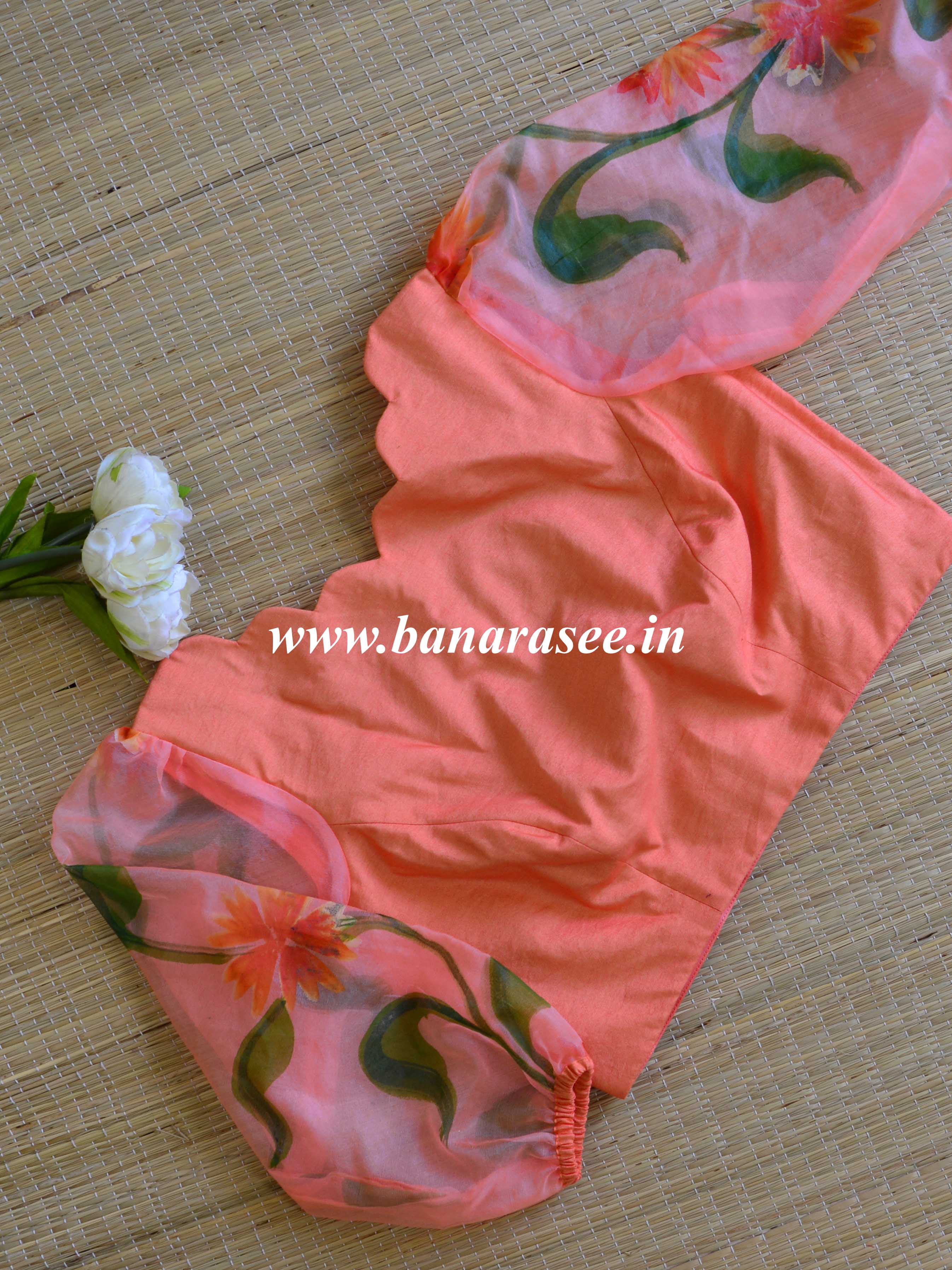 Banarasee Silk Blouse With Organza Silk Sleeves-Peach