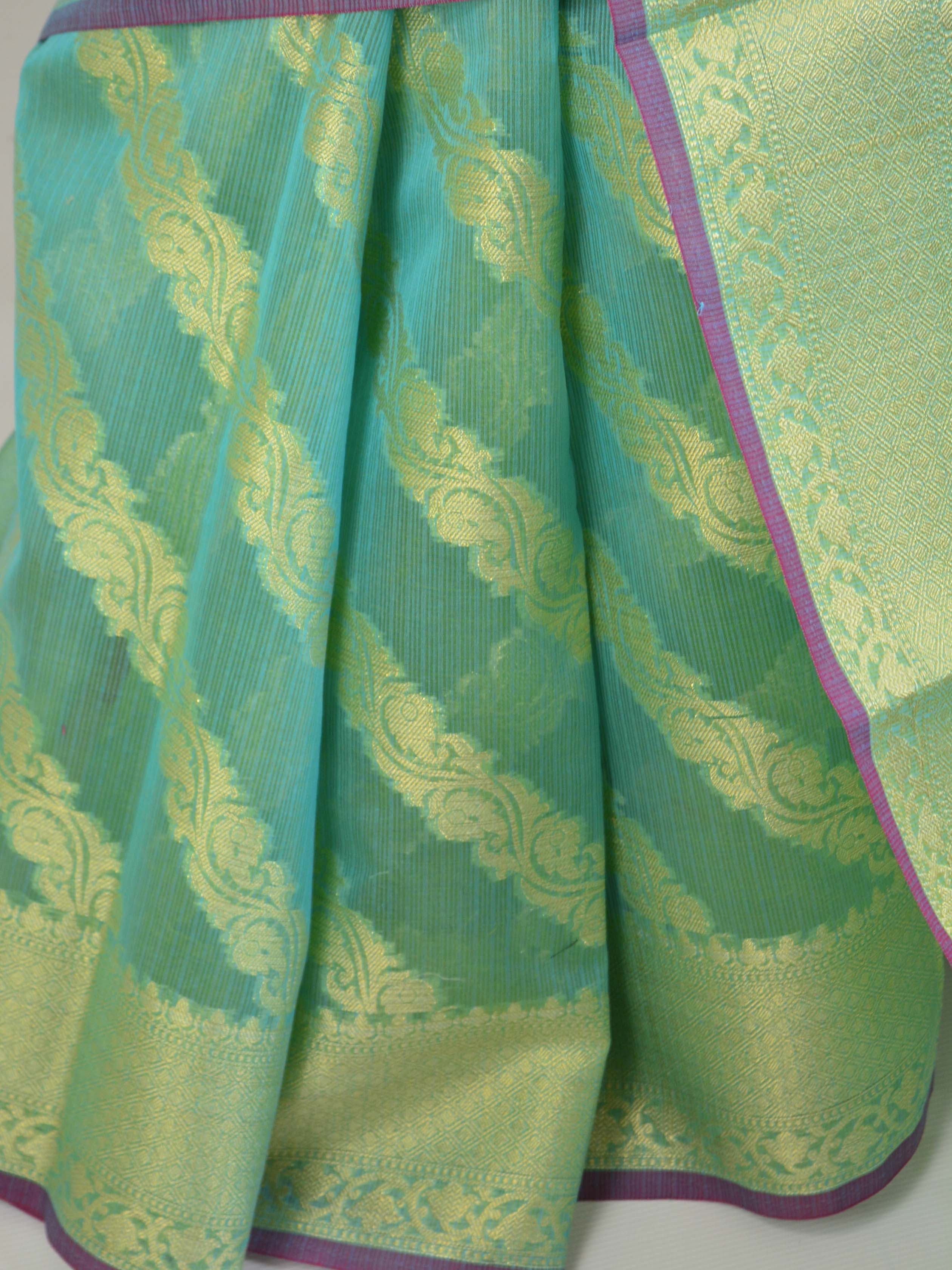 Banarasee Handloom Cotton Silk Mix Stripes Design Sari-Blue(Dual Tone)