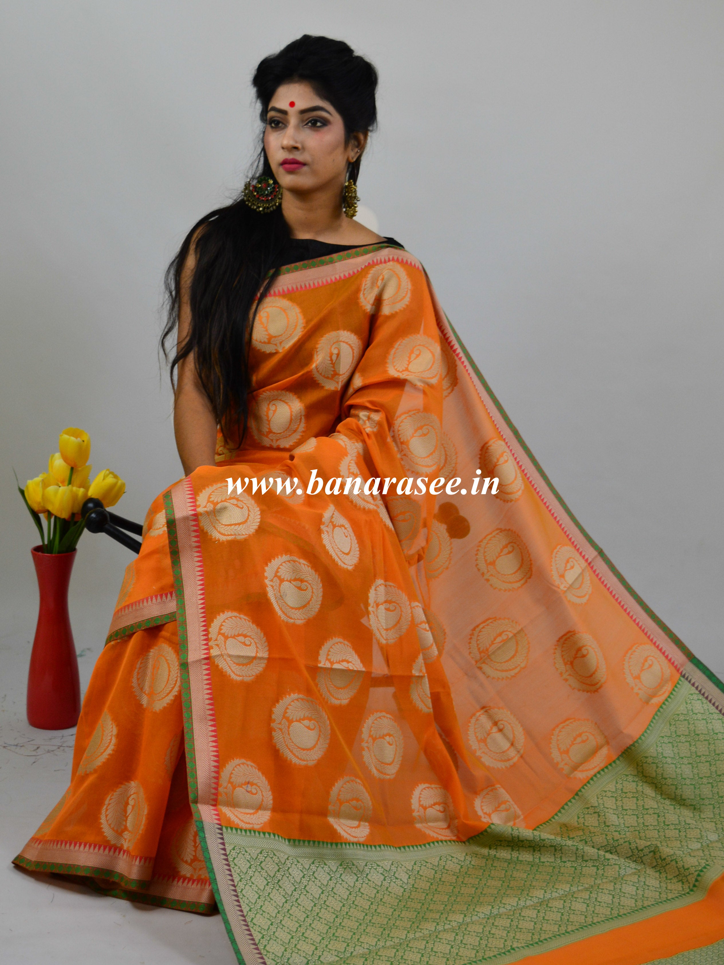 Banarasee Cotton Silk Mix Saree With Big Round Resham Buta-Orange