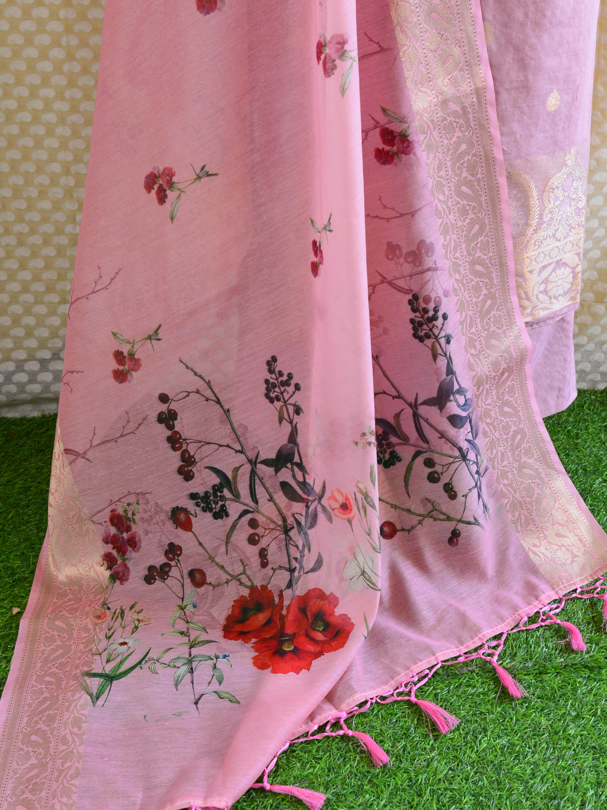 Banarasee Chanderi Cotton Kameez Zari Buti Fabric With Digital Print Dupatta-Plum