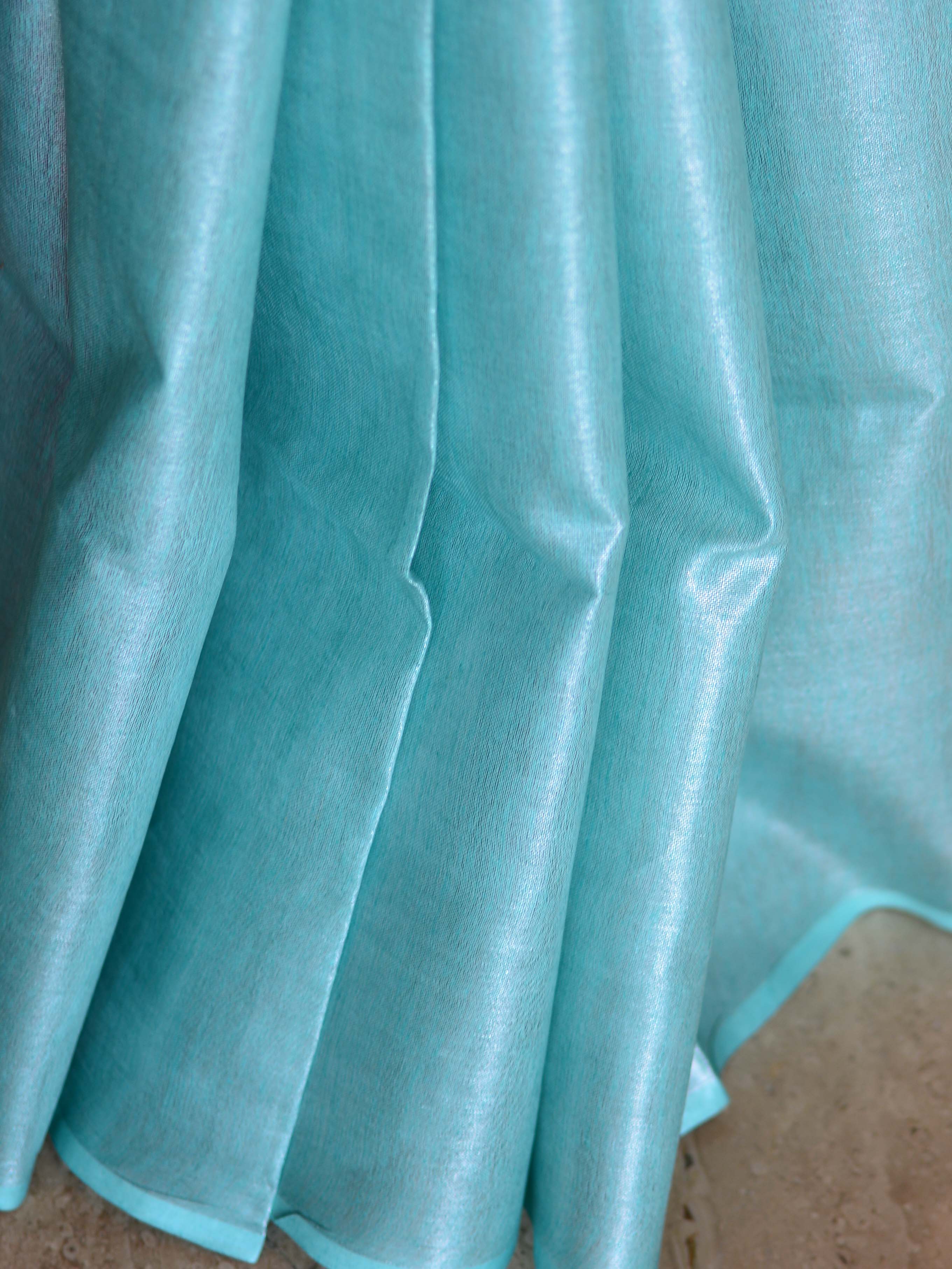 Banarasee Handloom Pure Linen By Tissue Saree-Blue