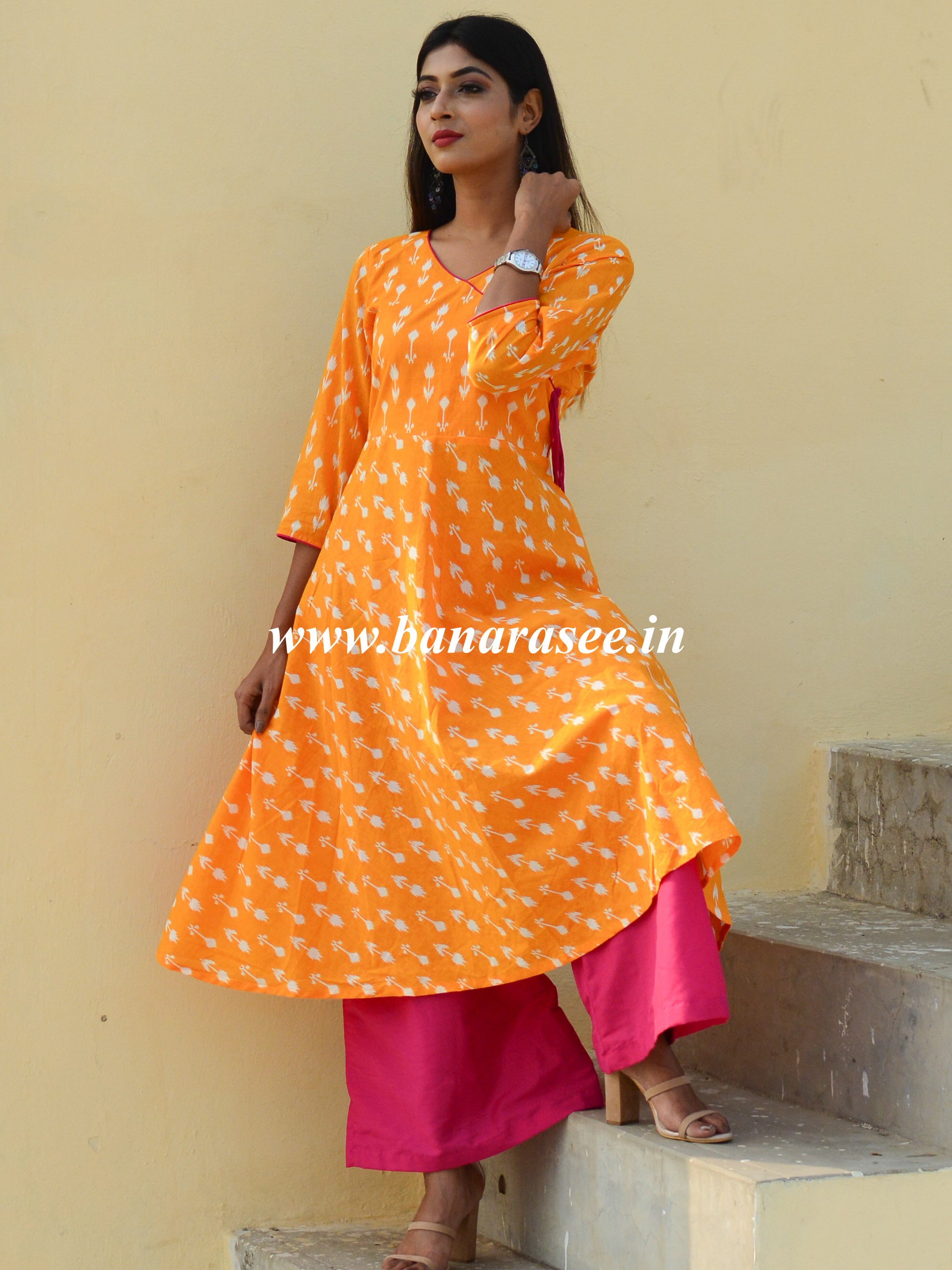 Banarasee Block Printed Cotton Anarkali Kurta & Palazzo Set-Yellow & Pink