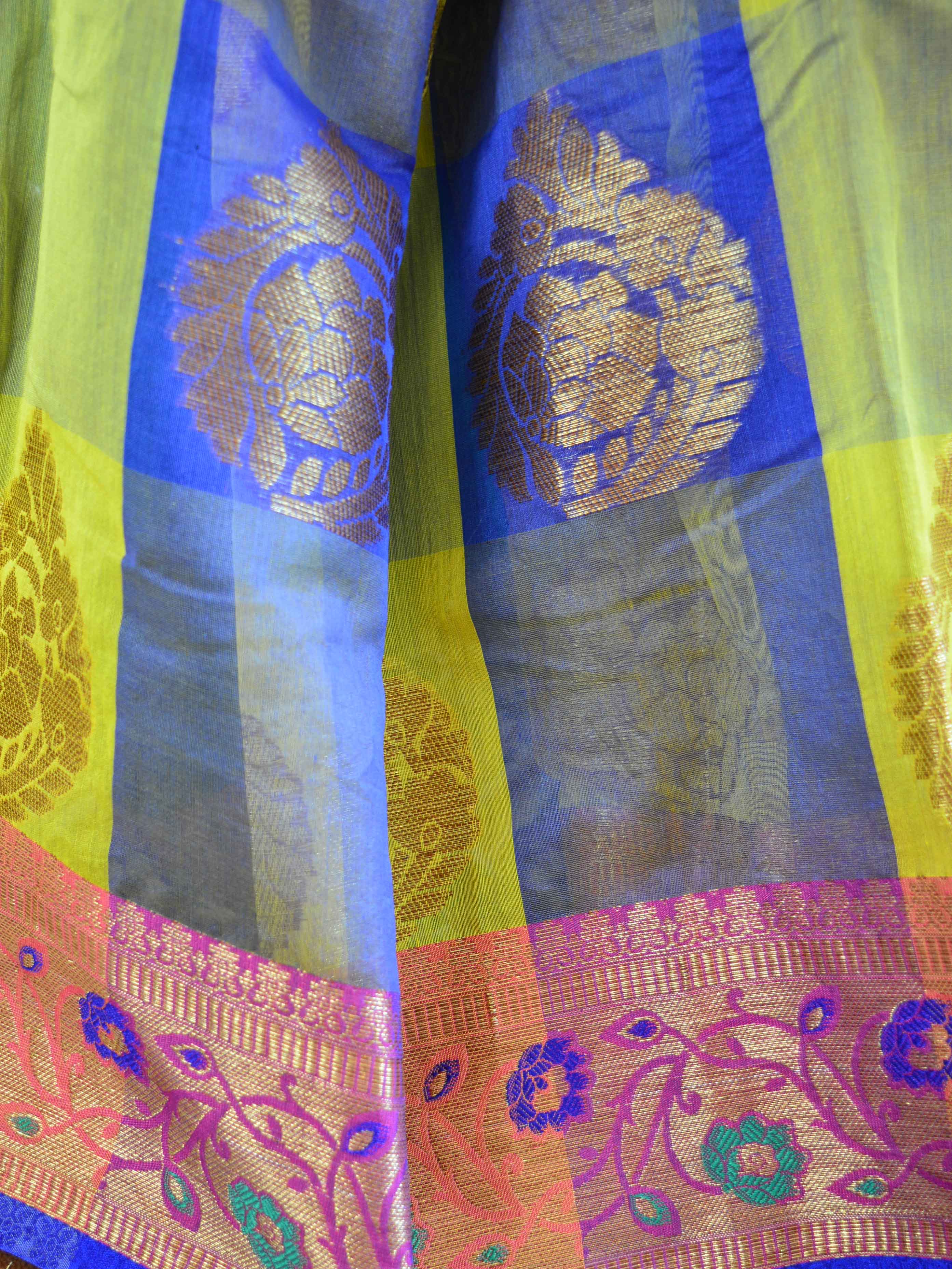 Banarasee Cotton Silk Mix Saree With Checks & Antique Gold Zari Work Border-Multicolor