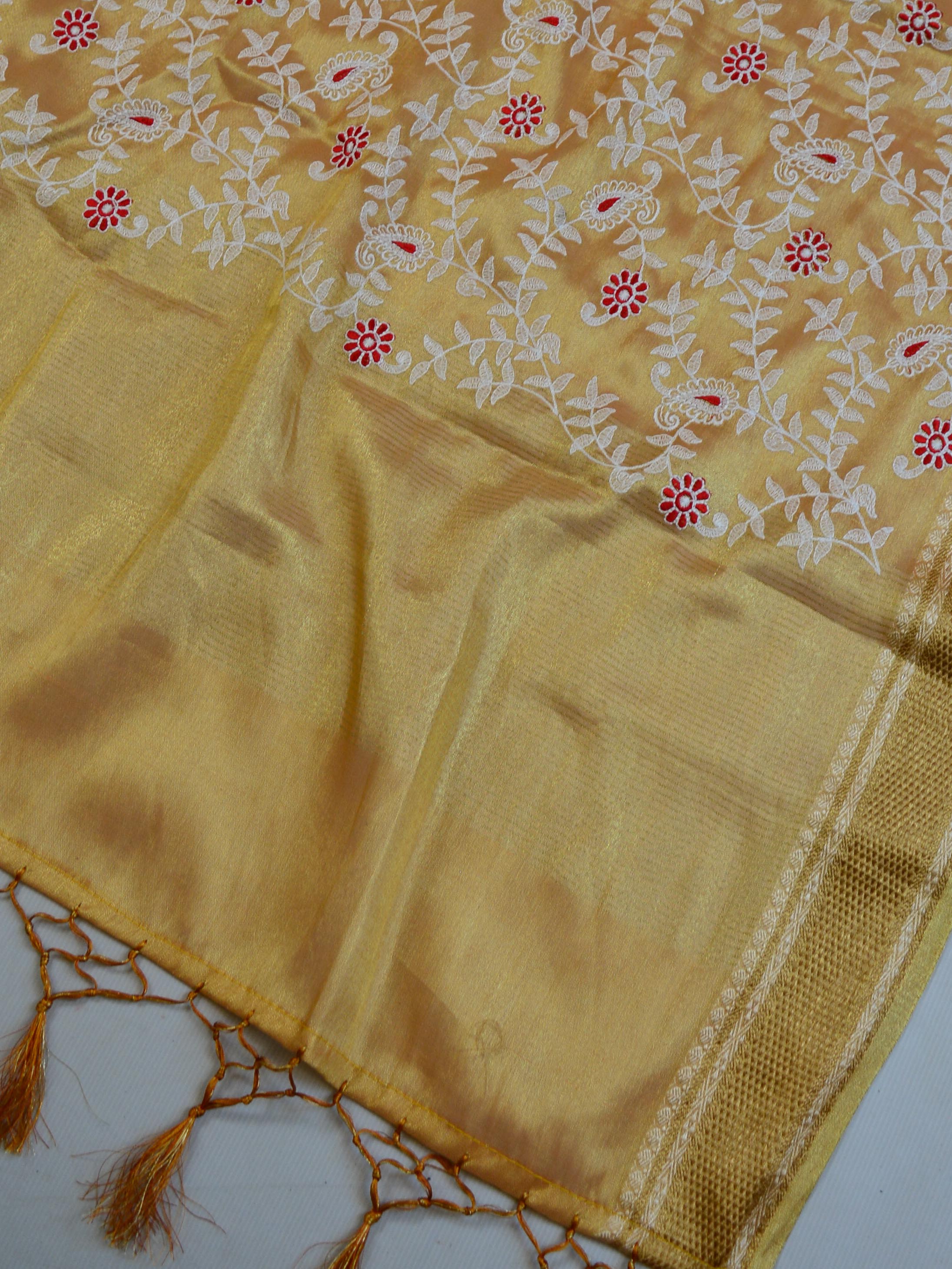 Banarasee Handloom Pure Tissue Silk Chikankari Jaal Dupatta-Yellow(Gold Tone)