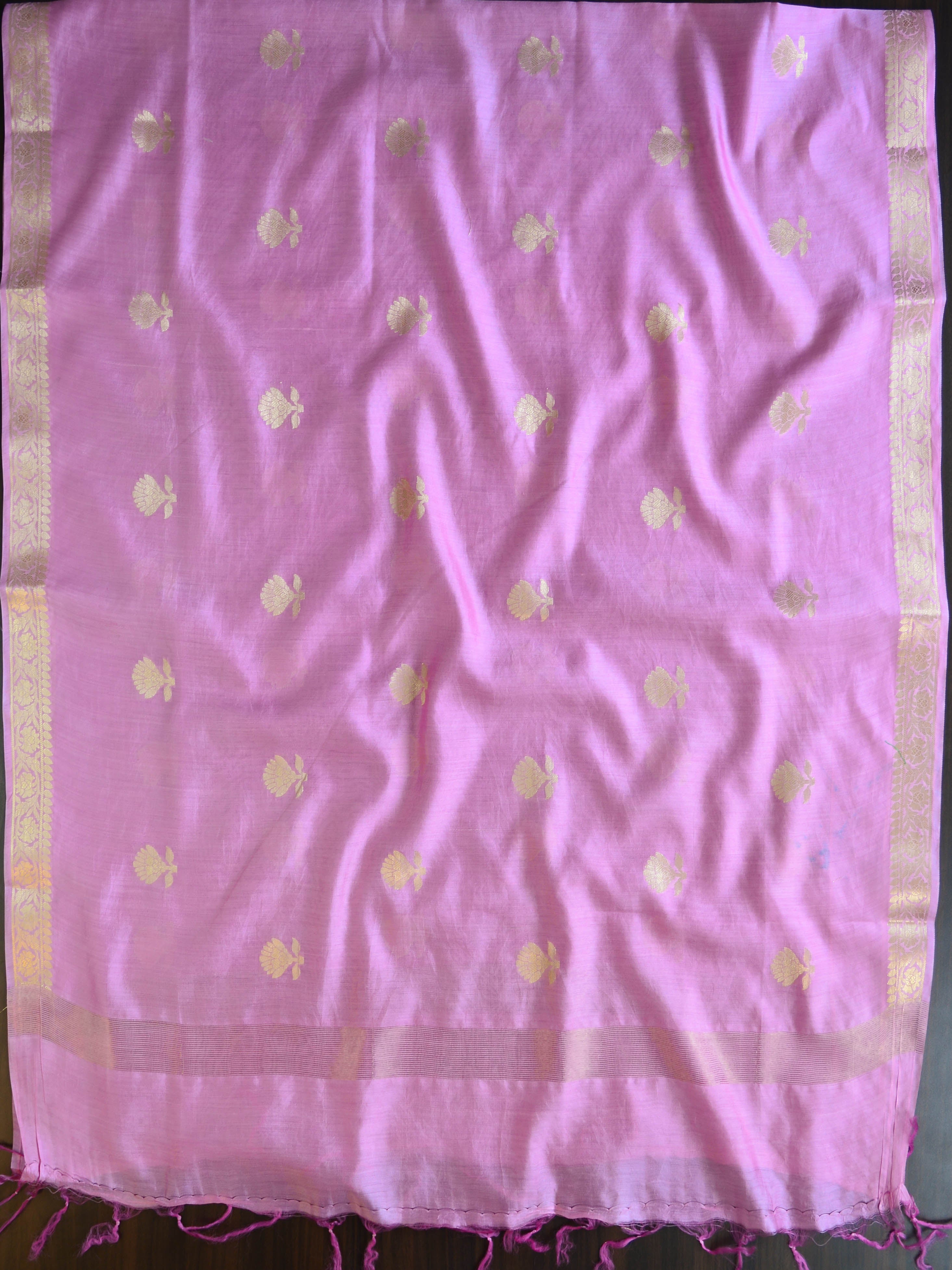 Banarasee Handloom Pure Silk Zari Buti Salwar Kameez Fabric With Dupatta-Onion Pink & Pink