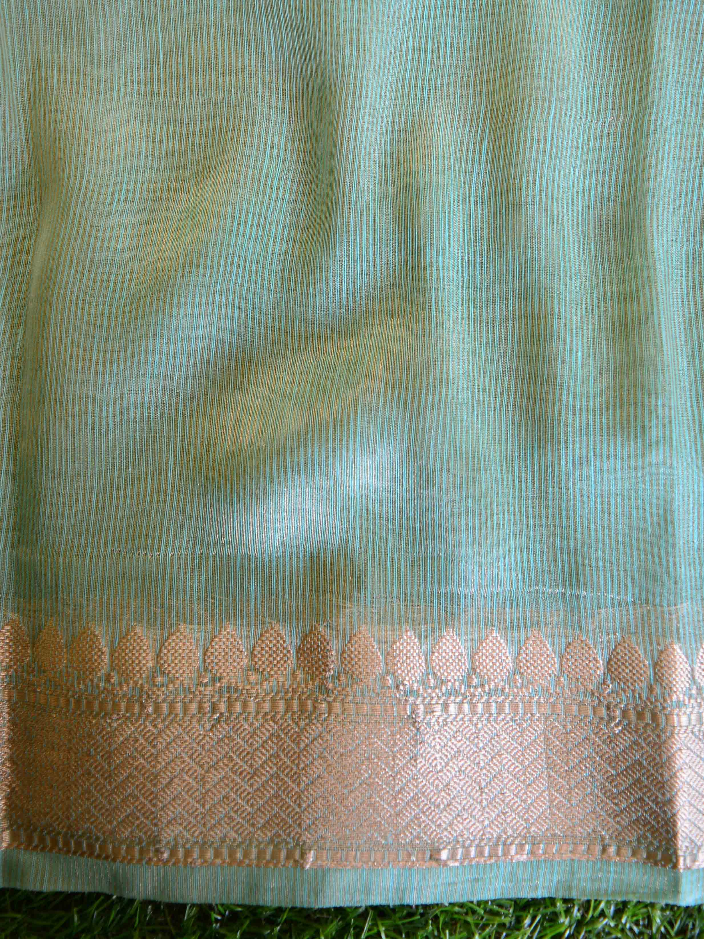 Banarasee Handloom Pure Linen Cotton Silver Zari Saree-Sea Green & Pink
