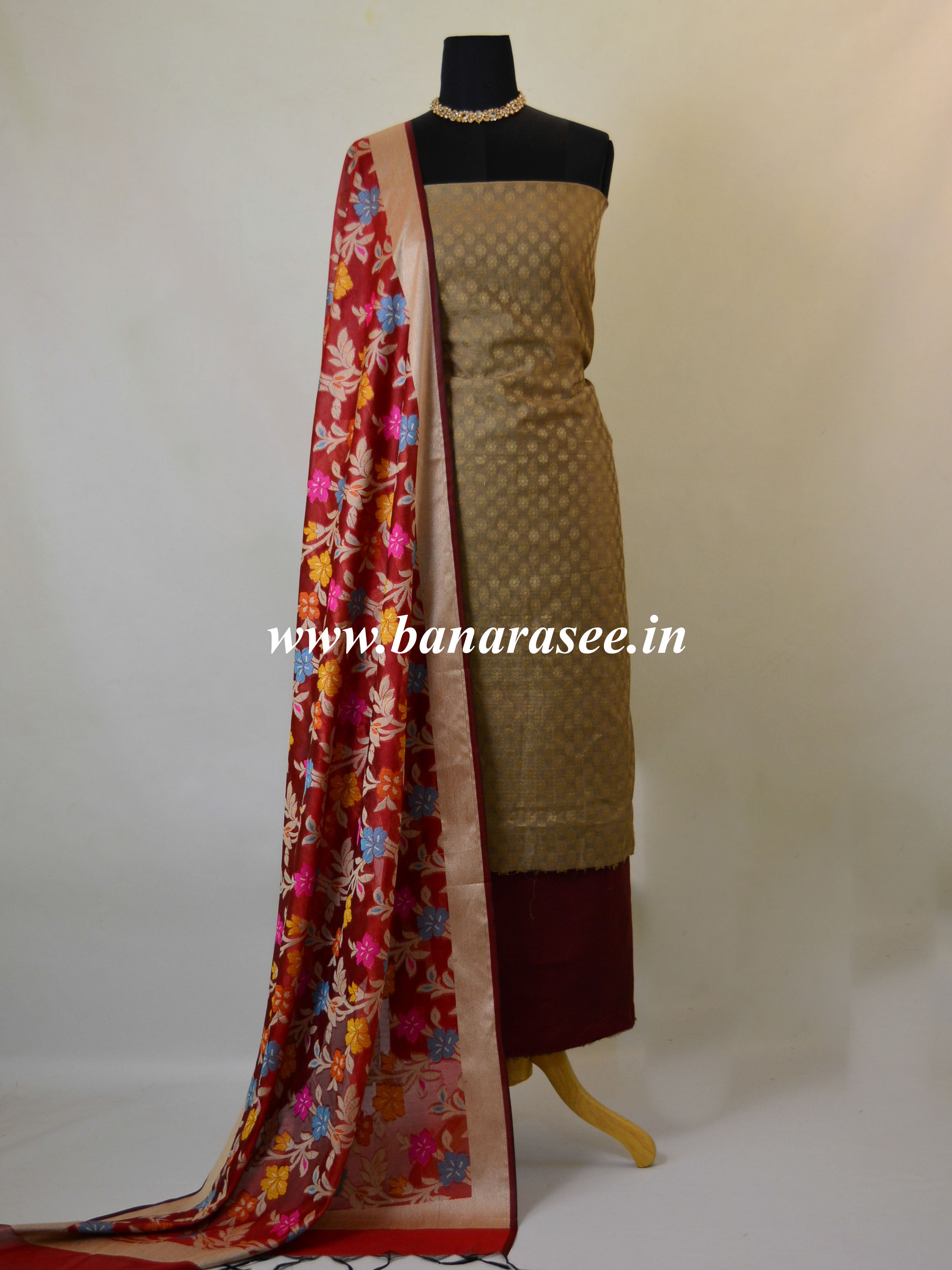 Banarasee Cotton Silk Salwar Kameez Fabric With Contrast Dupatta-Beige With Maroon