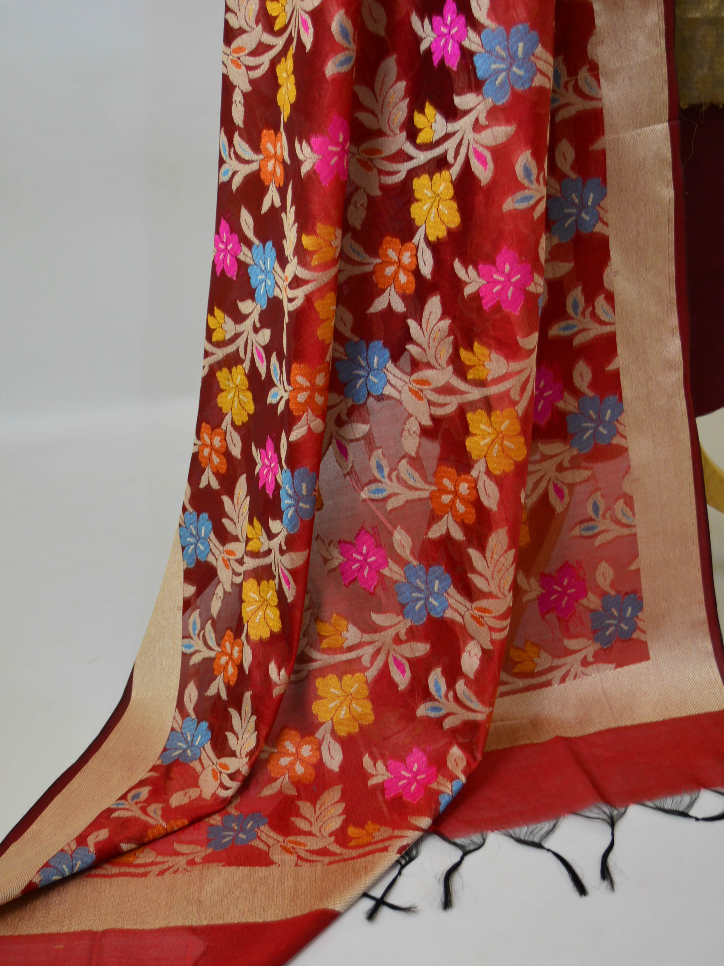 Banarasee Cotton Silk Salwar Kameez Fabric With Contrast Dupatta-Beige With Maroon